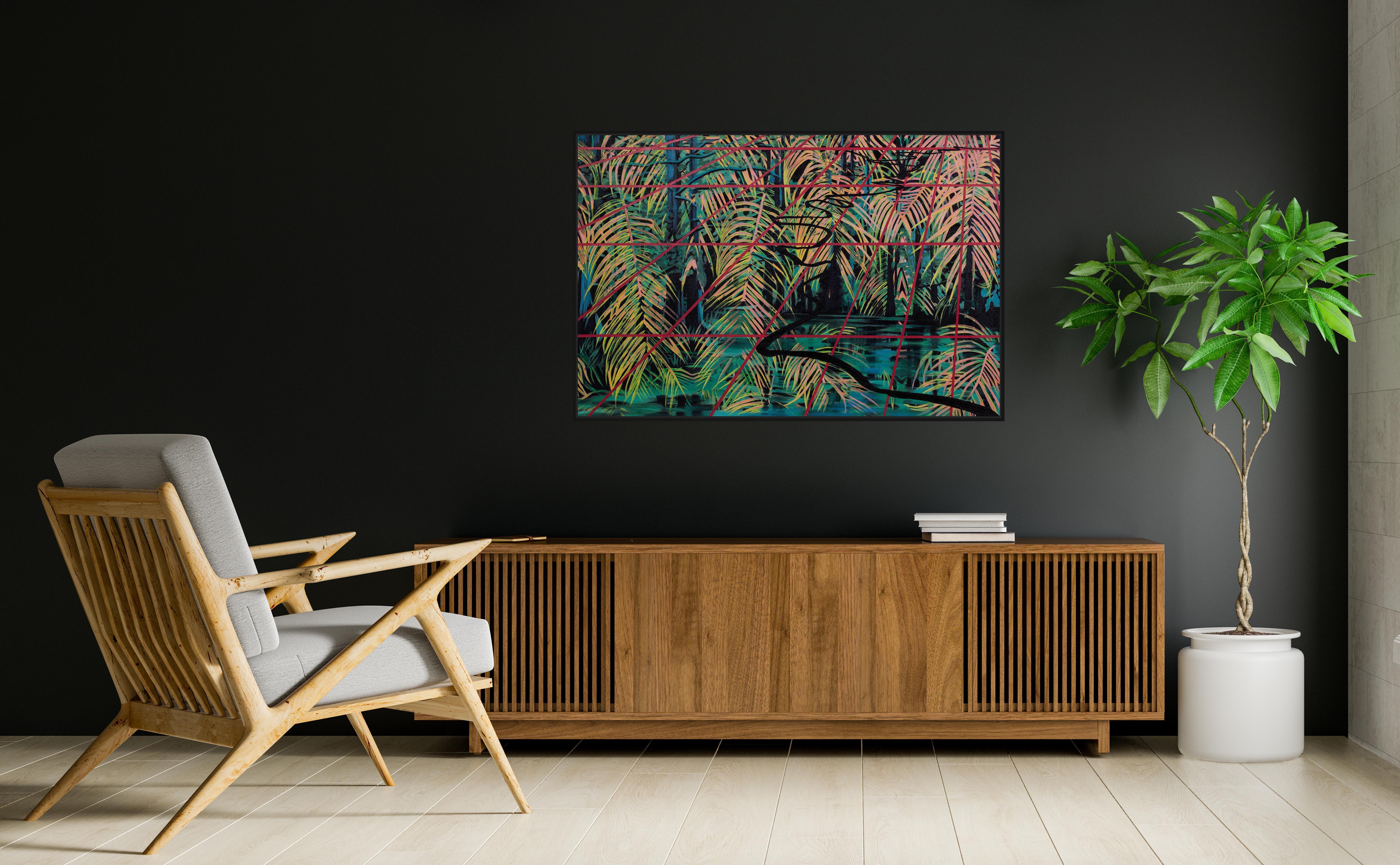 River of Palms - Southern Louisiana Abstract Palm Painting - Black Abstract Painting by Anne Blenker