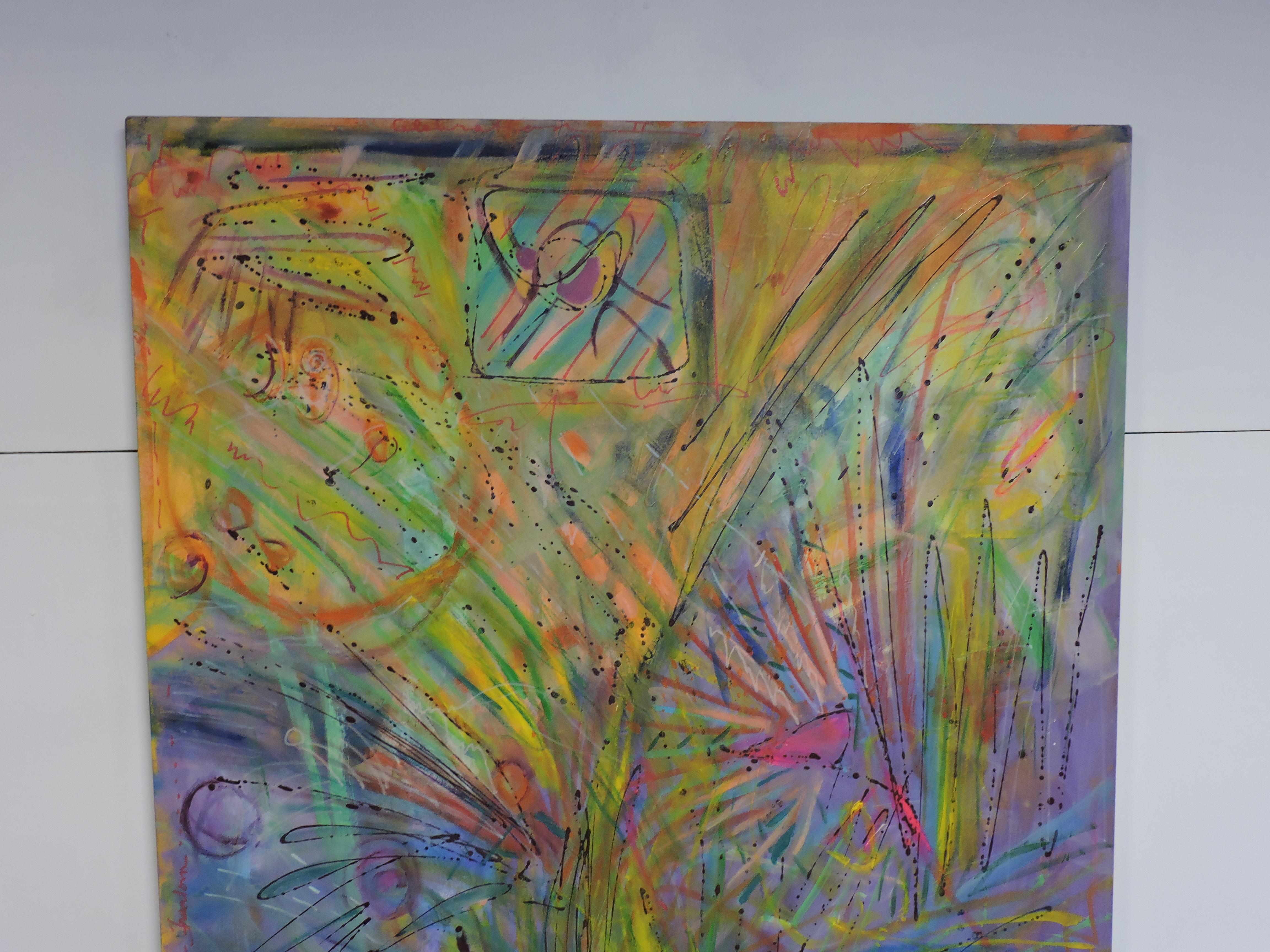 Magnifique peinture abstraite à grande échelle sur toile de la célèbre artiste de Philadelphie, Anne Boysen (1939-2011). Cette œuvre d'art, intitulée Celebration II, est une explosion de couleurs joyeuses. Sans cadre, mais avec un bord peint. Signé
