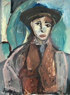 Zeitgenössisches figuratives Ölgemälde inspiriert von Cezanne, Junge mit Hut Portrait
