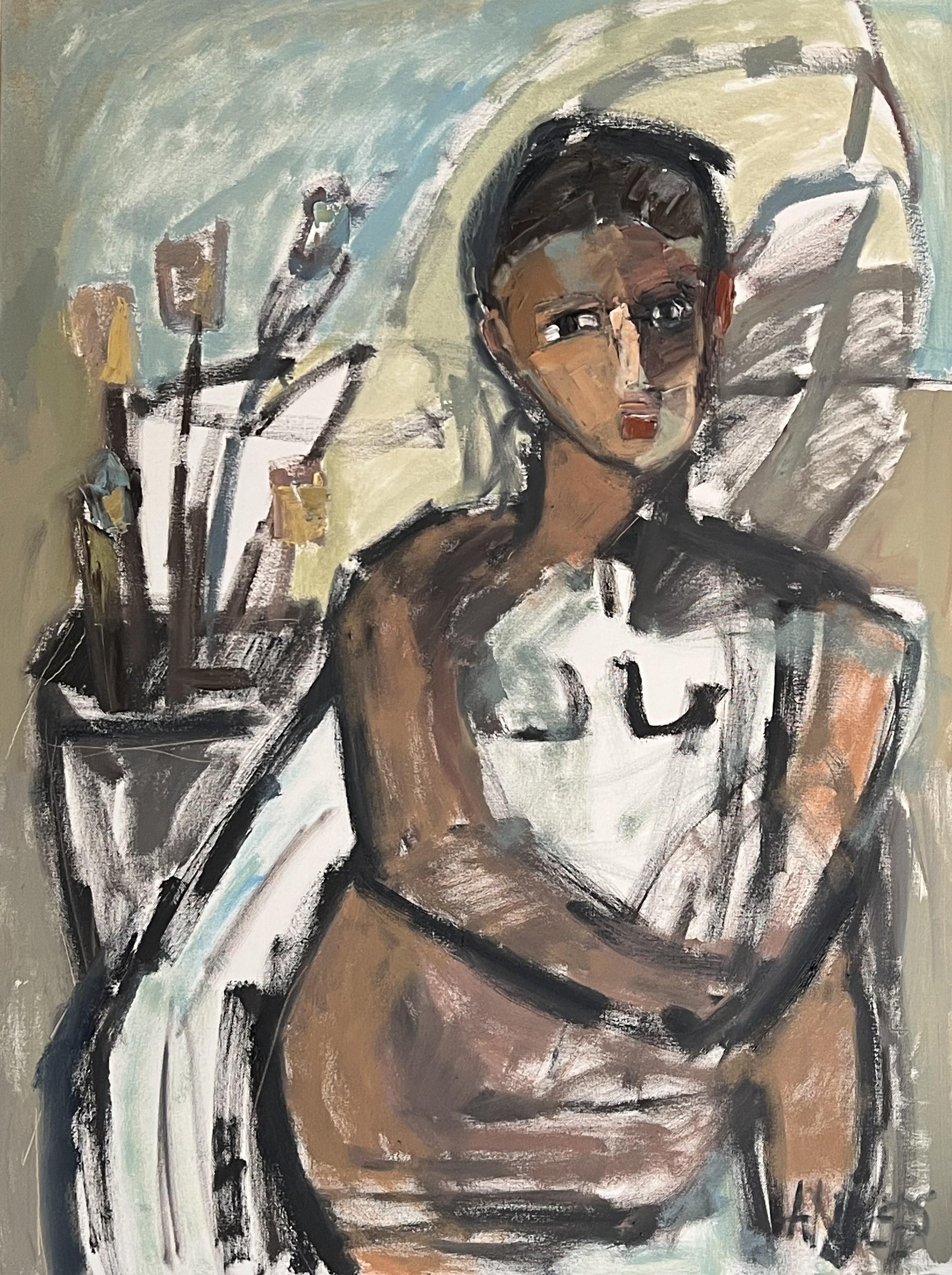 Modellatura di fiori e terra di Ann Darby Parker, Figura cubista olio su tela
