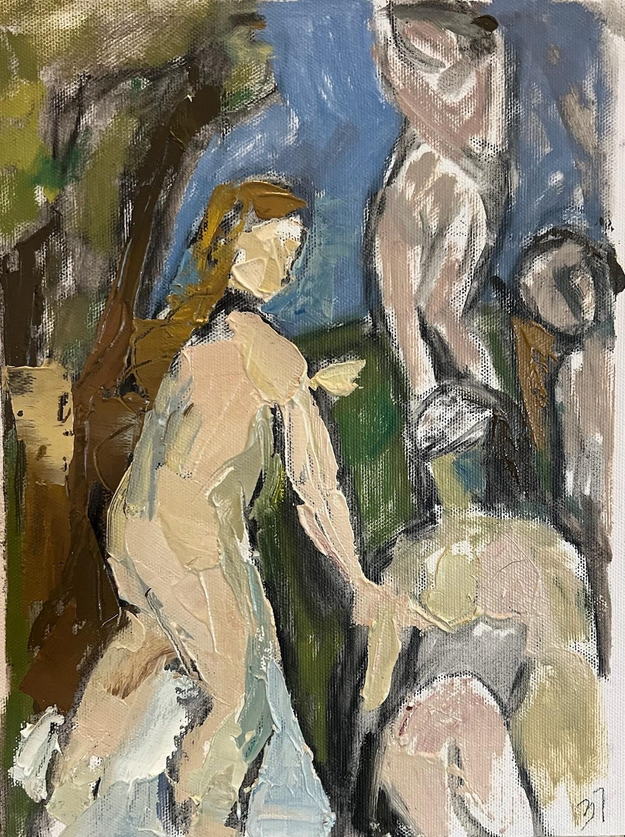 Petite peinture à l'huile contemporaine inspirée des baigneuses de Cézanne