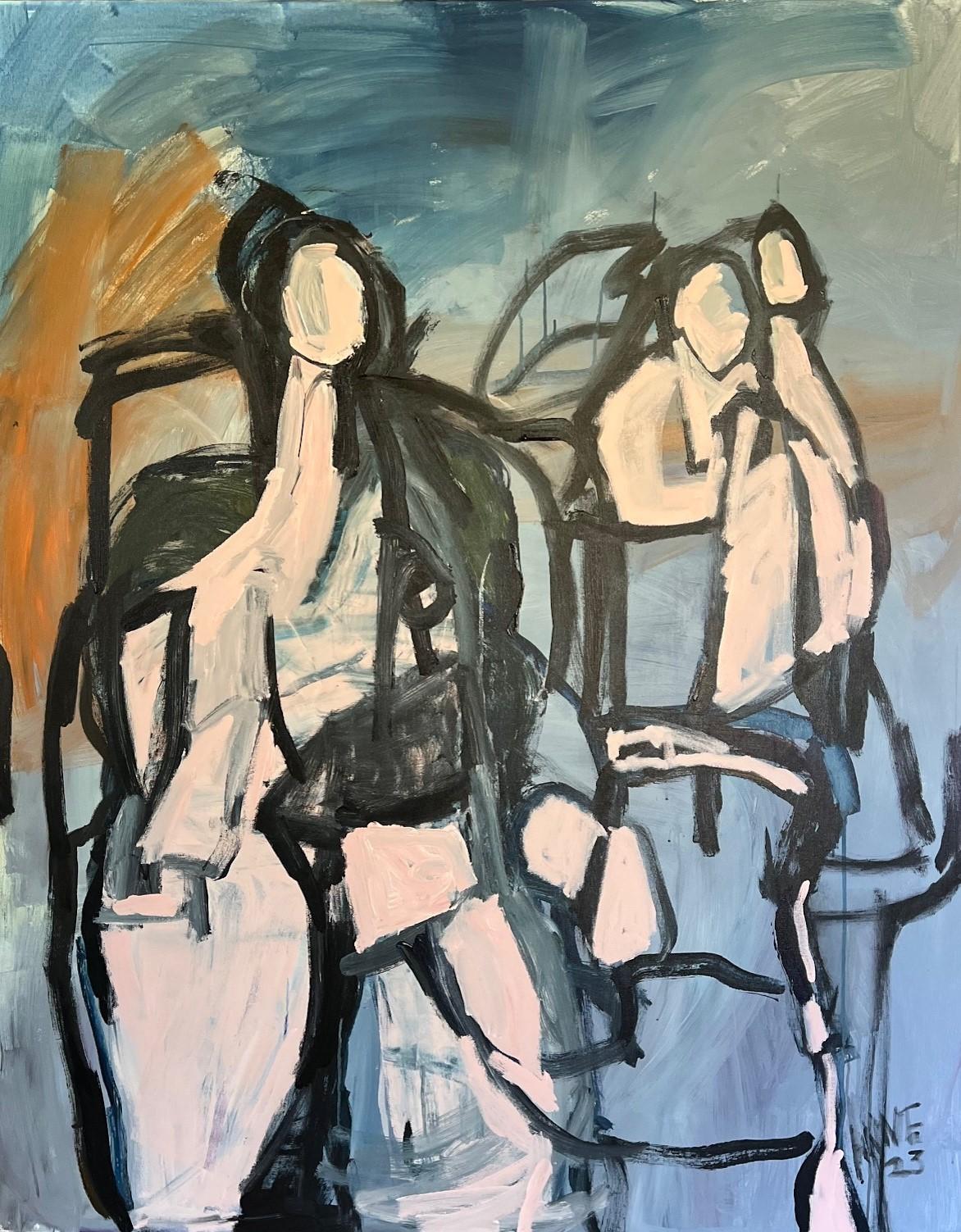Trio de céruléennes par Anne Darby Parker, figure cubiste contemporaine sur toile