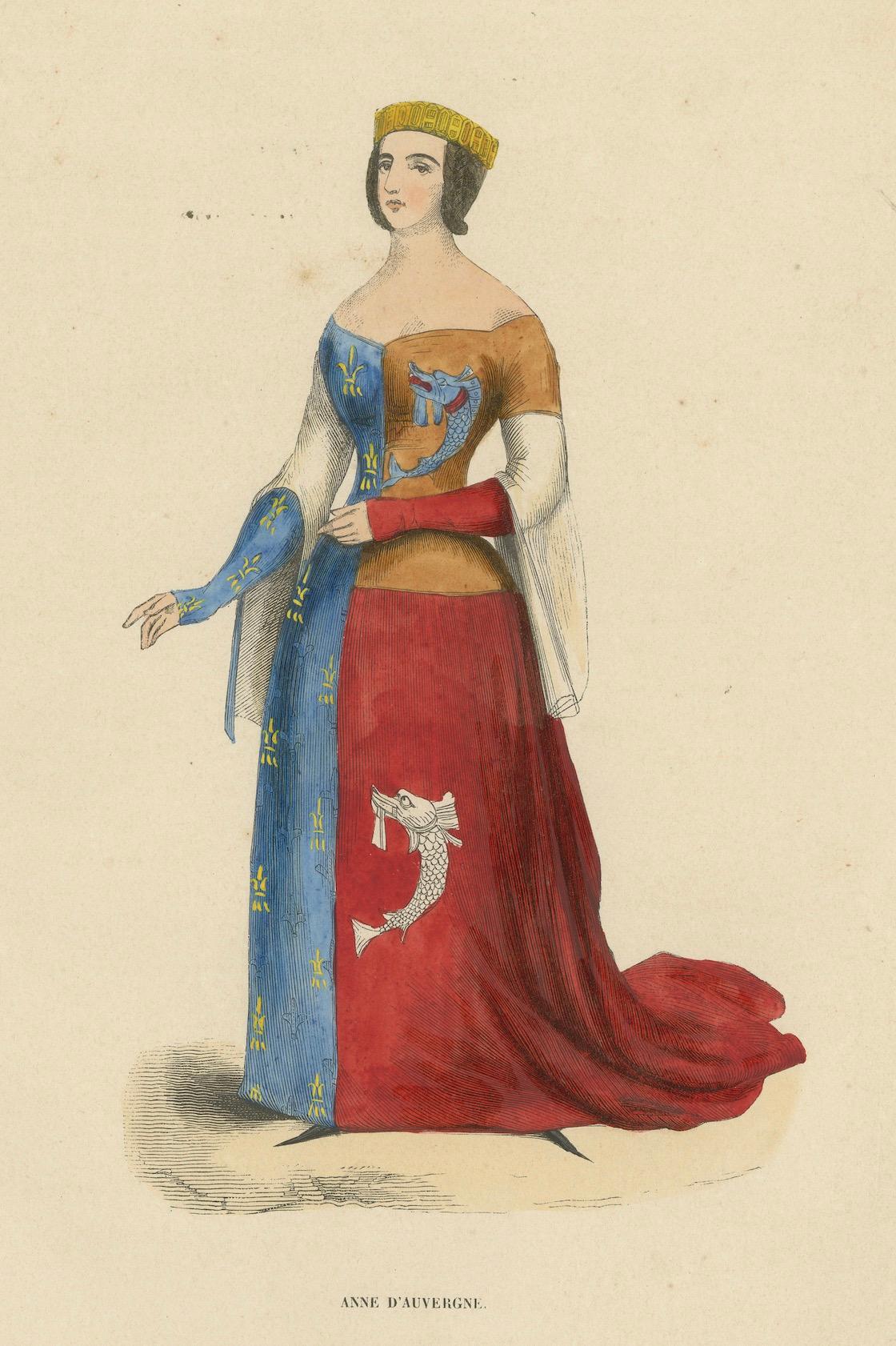 Paper Anne d'Auvergne: Nobility in Heraldic Robes, Hand-colored in 1847 For Sale