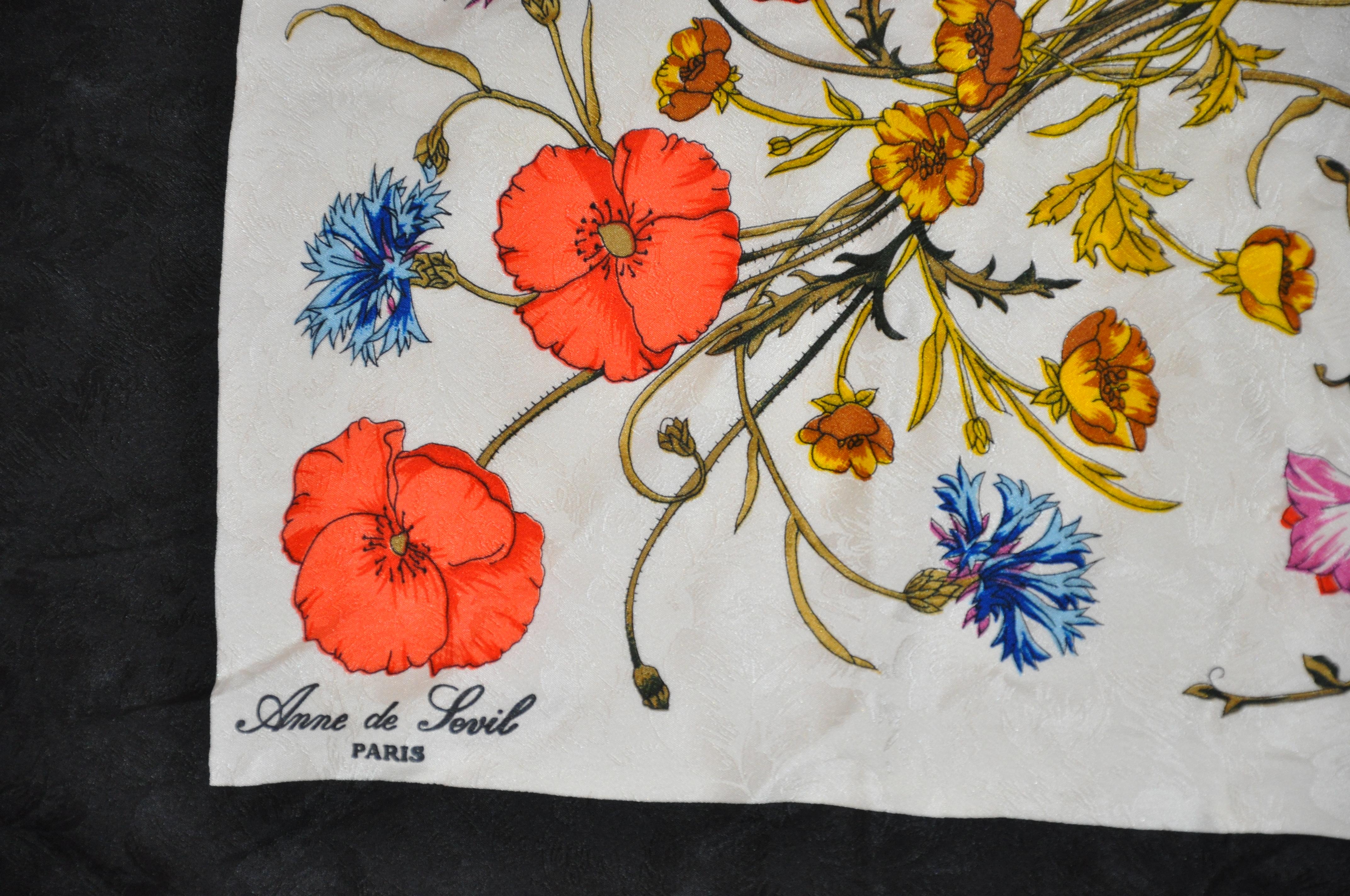 Anne de Levil (Paris) Bold Multi Florals & Butterflies Silk Scarf For Sale 2