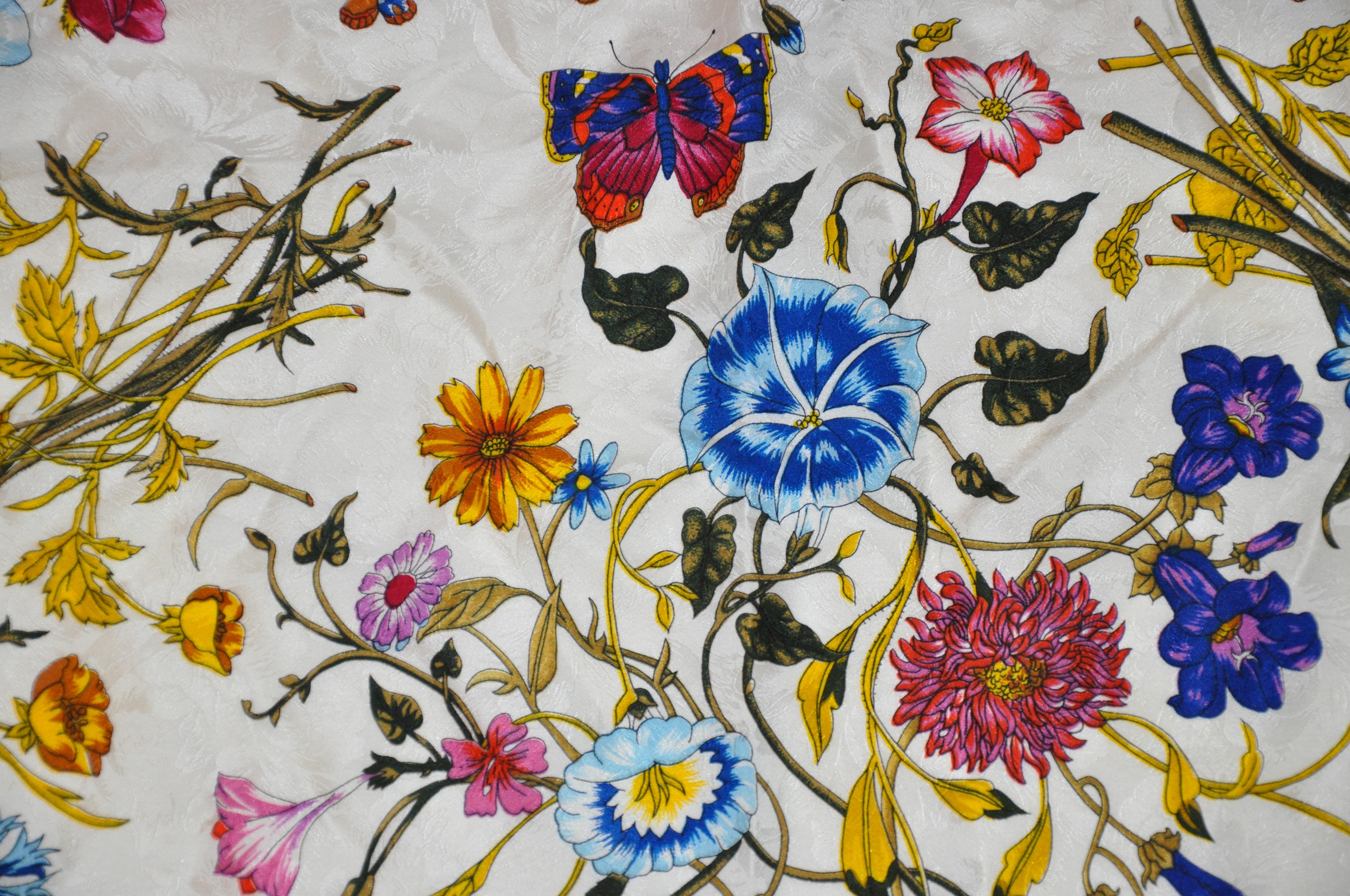 Anne de Levil (Paris) Bold Multi Florals & Butterflies Silk Scarf For Sale 3