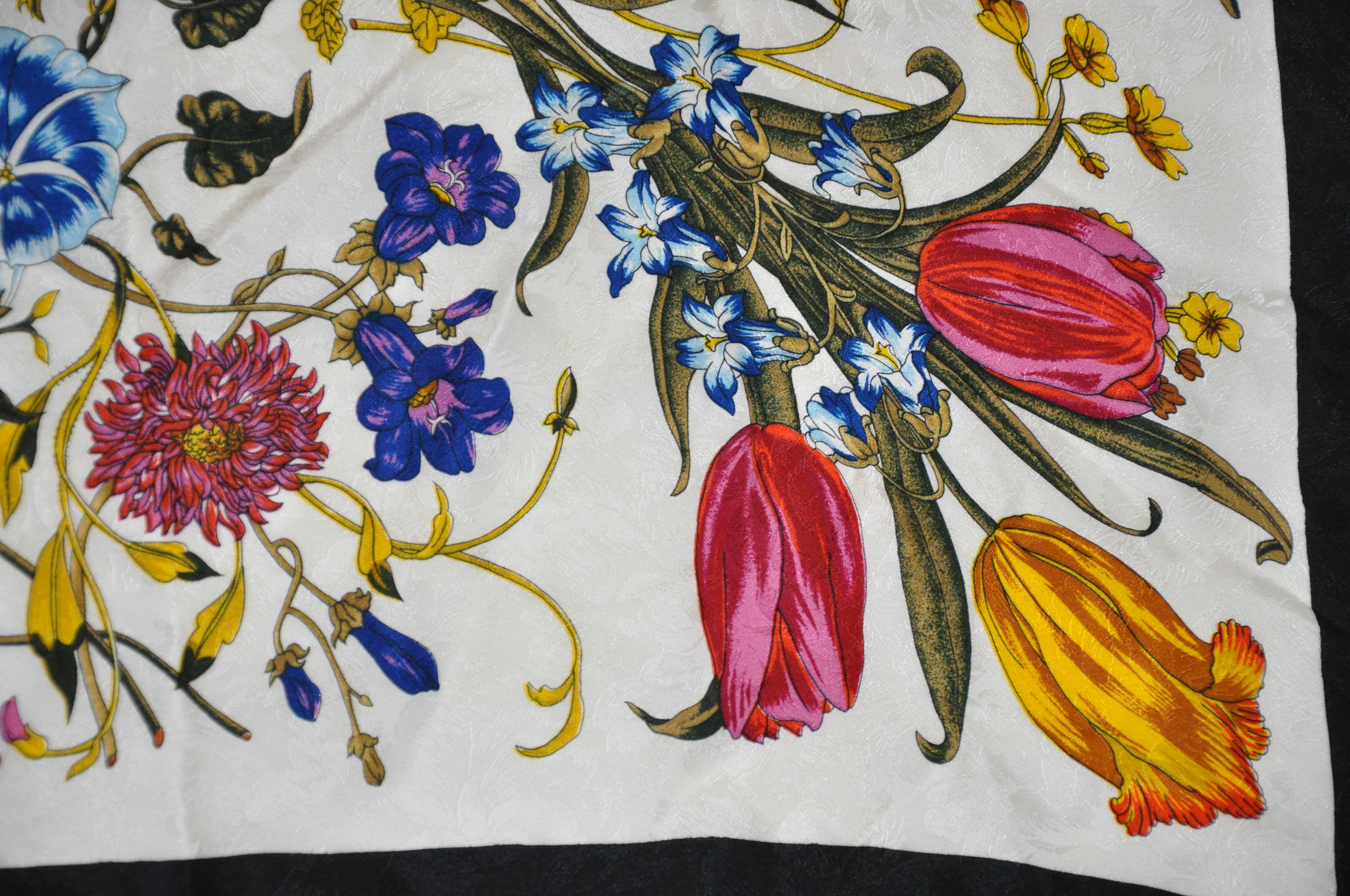 Anne de Levil (Paris) Bold Multi Florals & Butterflies Silk Scarf For Sale 4