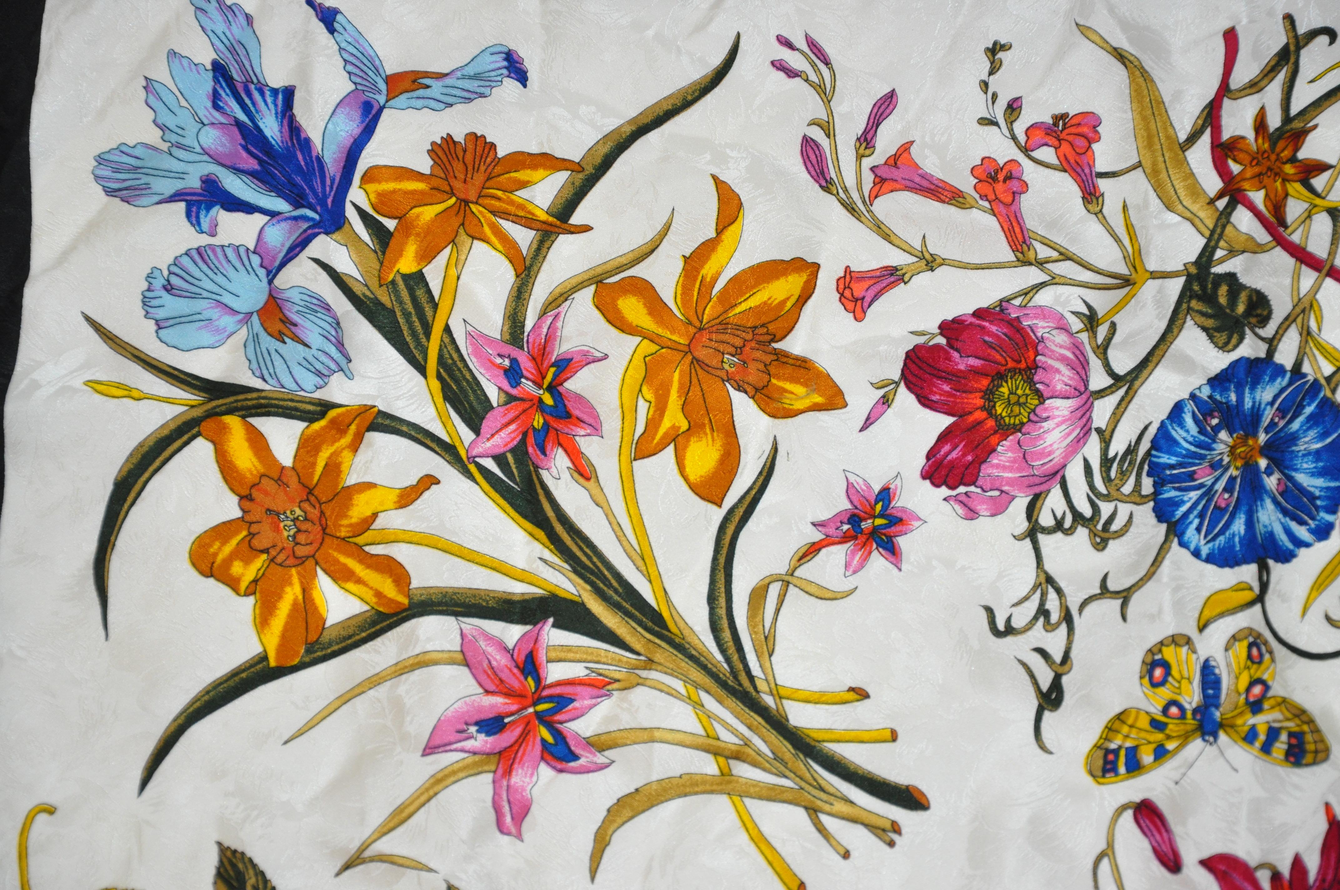 Anne de Levil (Paris) Bold Multi Florals & Butterflies Silk Scarf For Sale 5