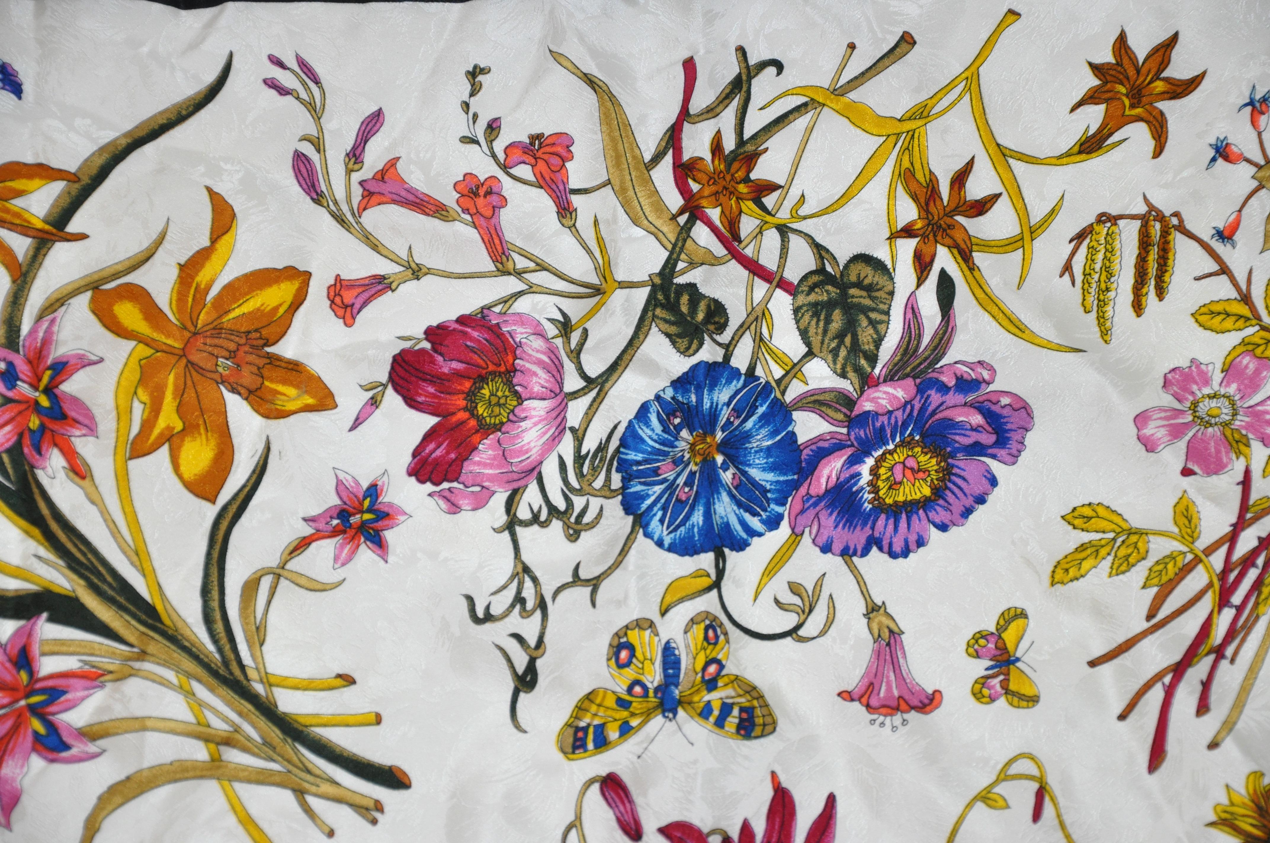 Anne de Levil (Paris) Bold Multi Florals & Butterflies Silk Scarf For Sale 6