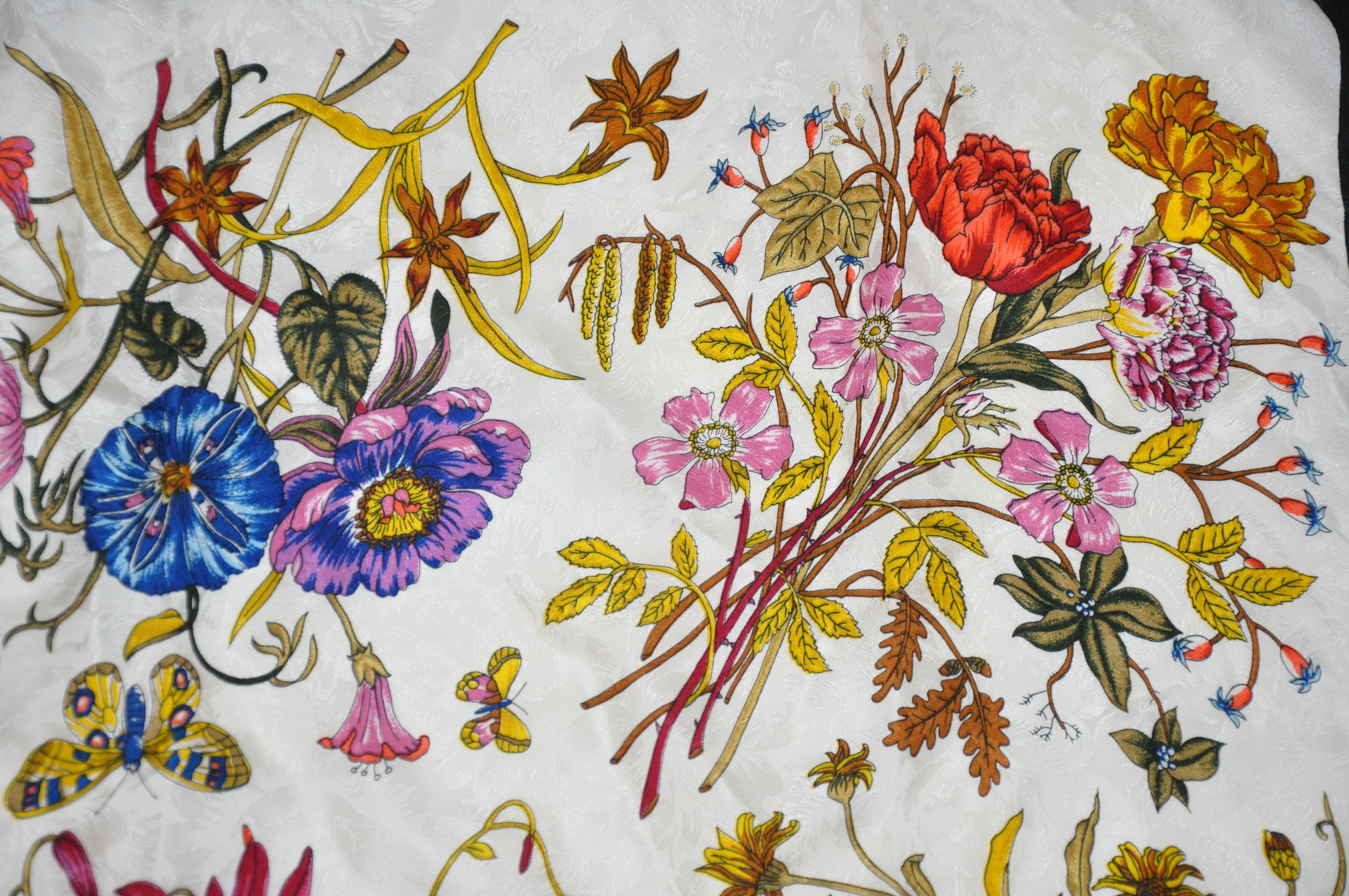 Anne de Levil (Paris) Bold Multi Florals & Butterflies Silk Scarf For Sale 7