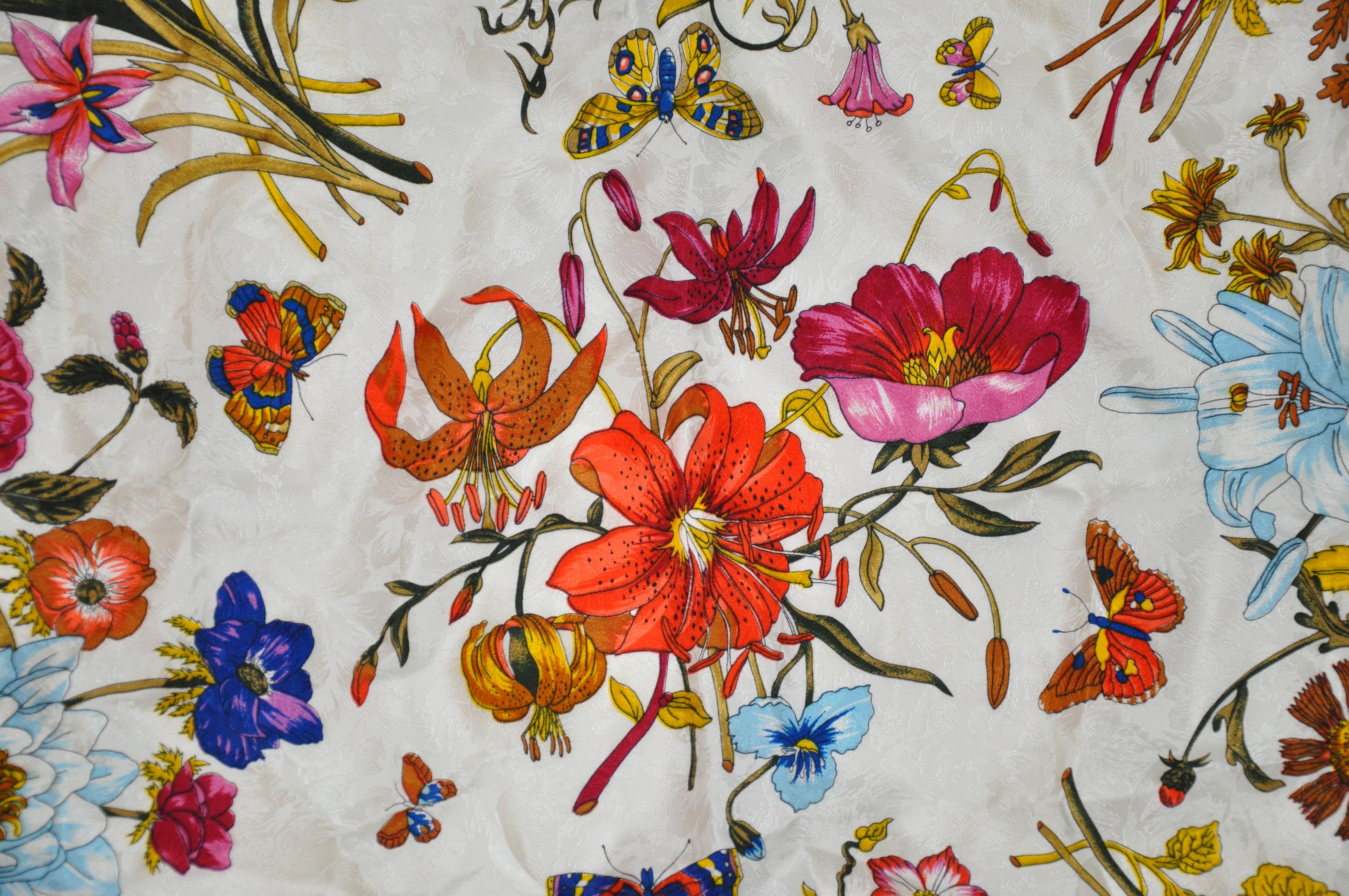 Anne de Levil (Paris) Bold Multi Florals & Butterflies Silk Scarf For Sale 8