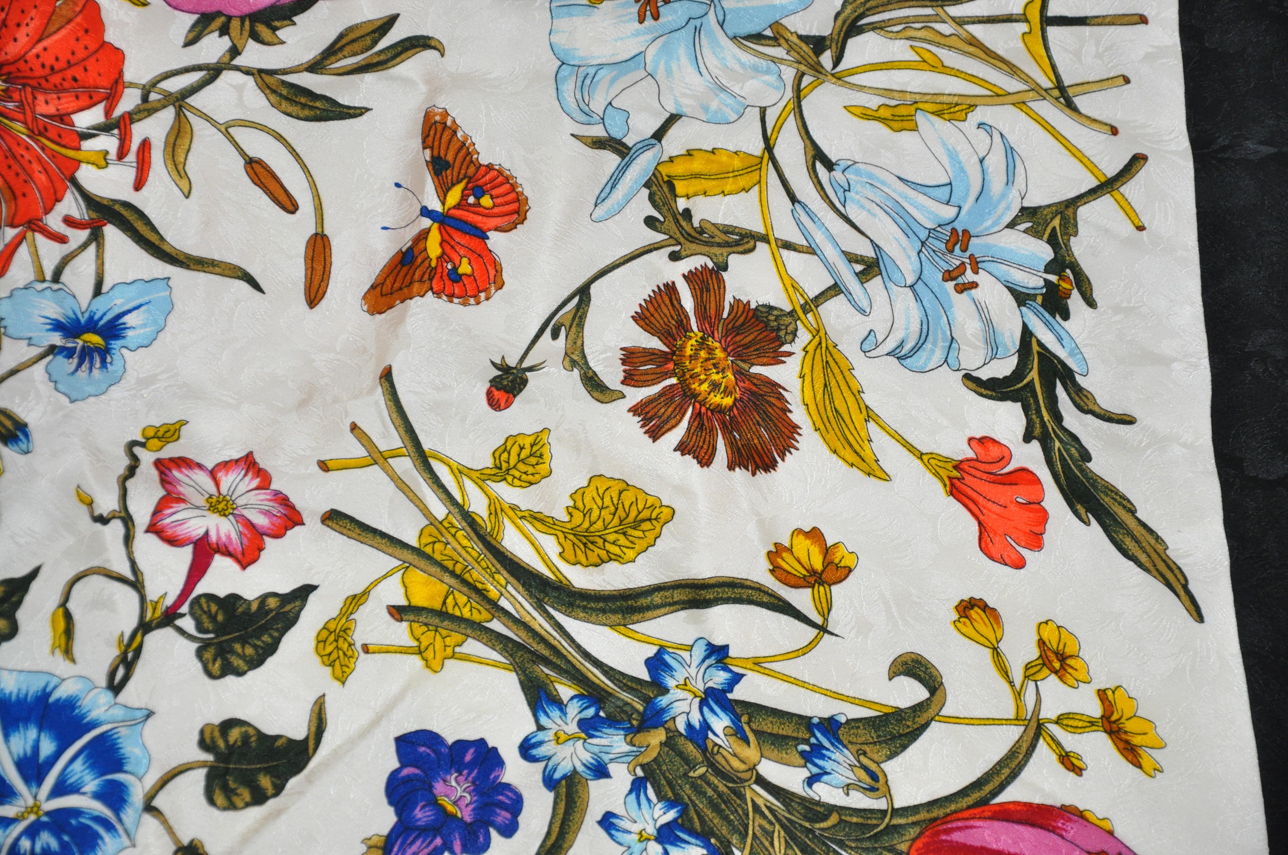 Beige Anne de Levil (Paris) Bold Multi Florals & Butterflies Silk Scarf For Sale