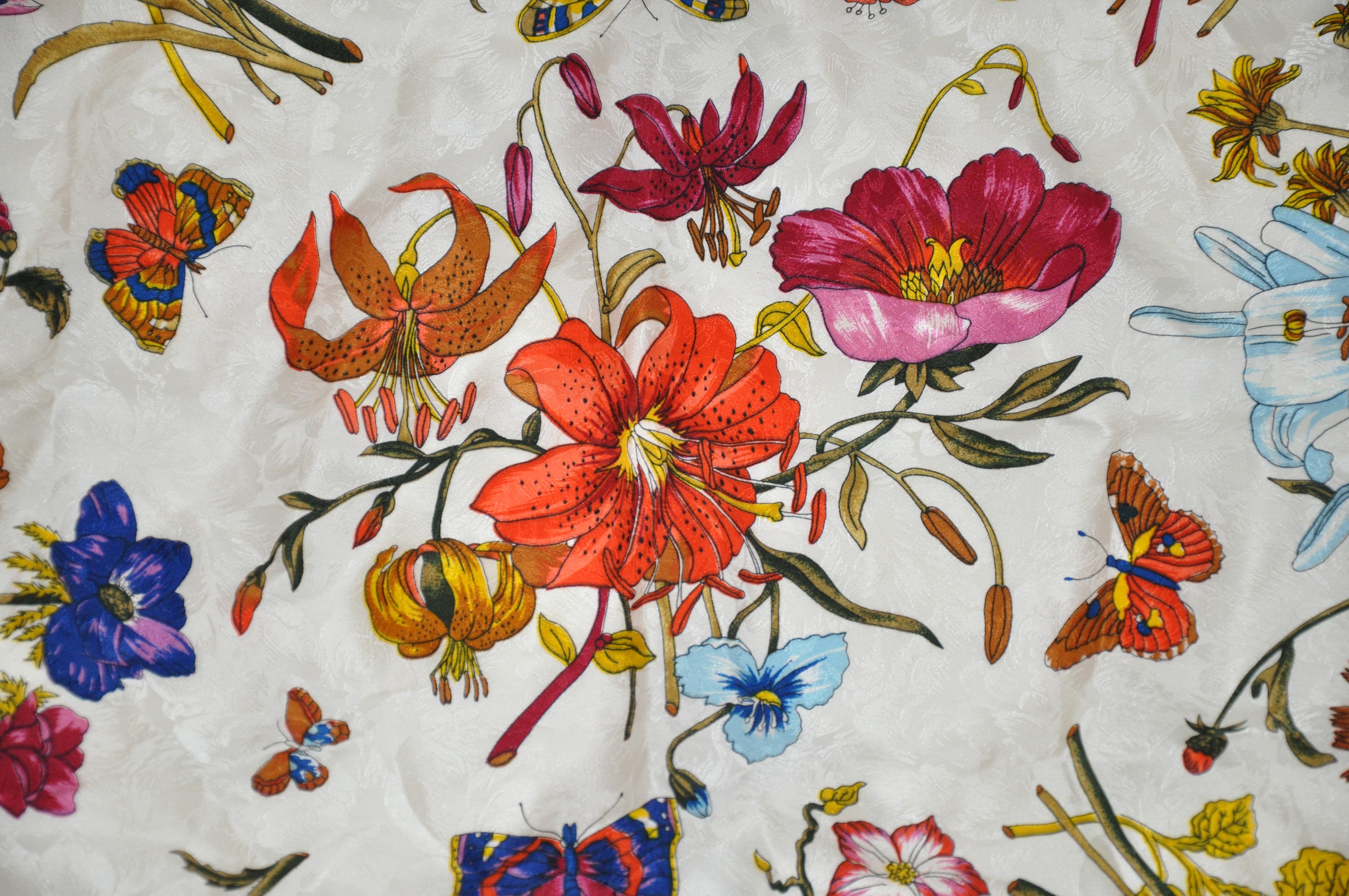 Anne de Levil (Paris) Bold Multi Florals & Butterflies Silk Scarf In Good Condition For Sale In New York, NY