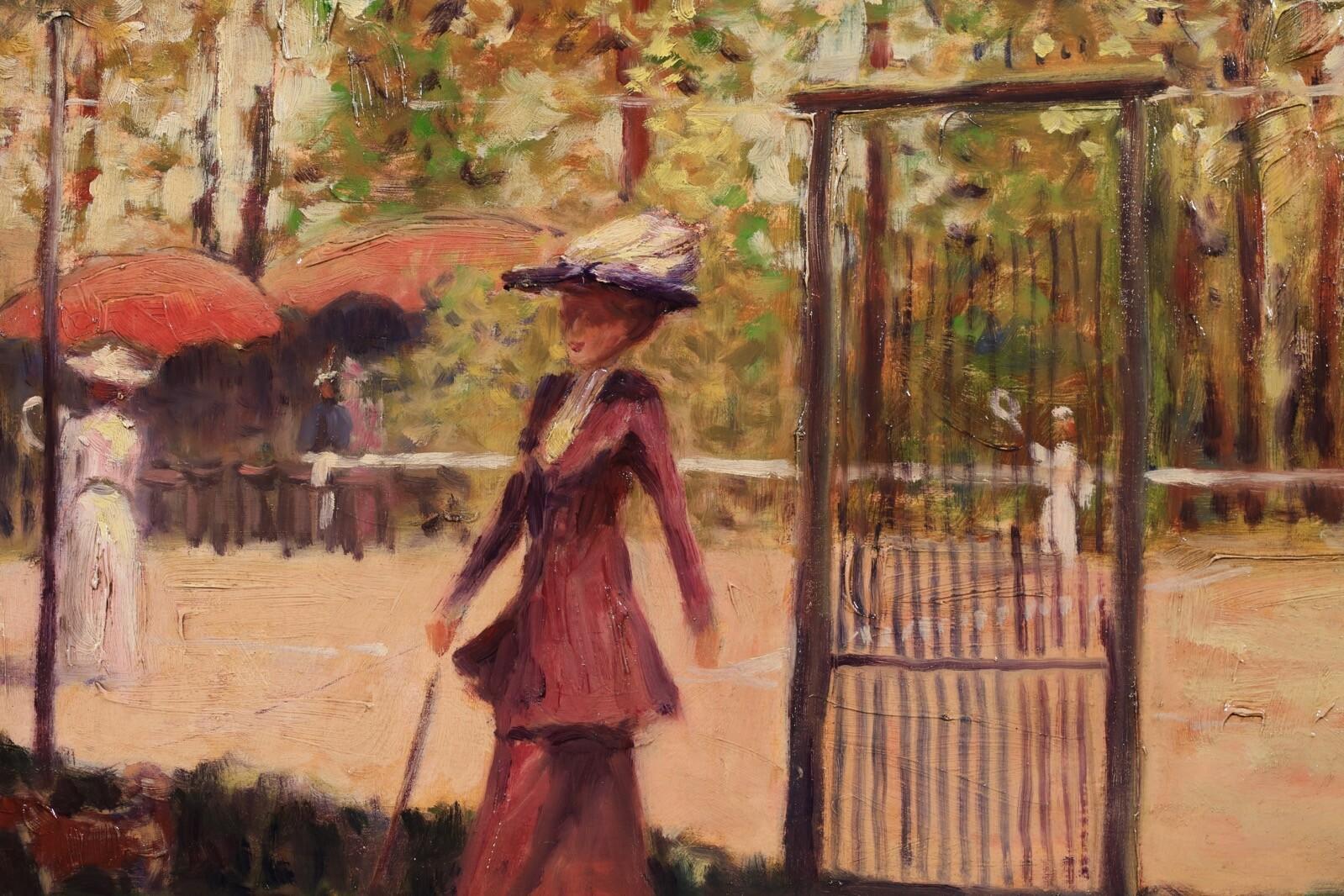 A beautiful mid 20th century post-impressionist oil on panel depicting a tennis match in the park with a smartly dressed lady in the foreground, by Anne de Saeger. 

Superb quality and condition work by this popular Belgian artist - a wonderful