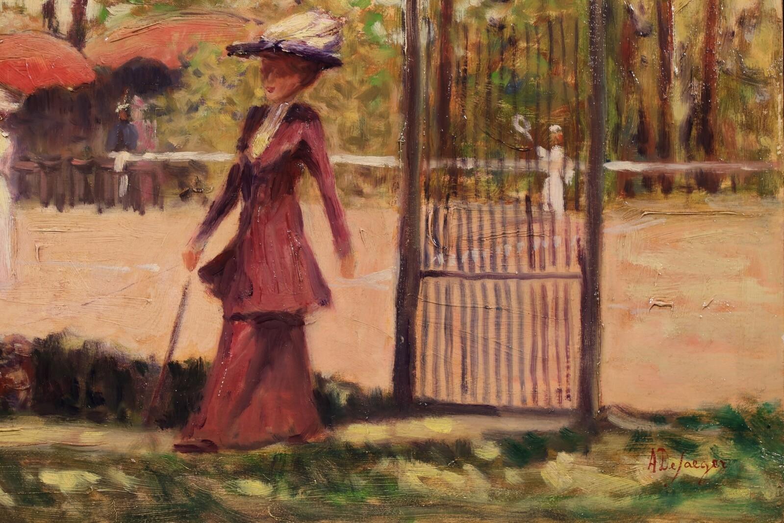 Tennis in the Park - Mid 20th Century Post Impressionist Figurative Oil Painting For Sale 1