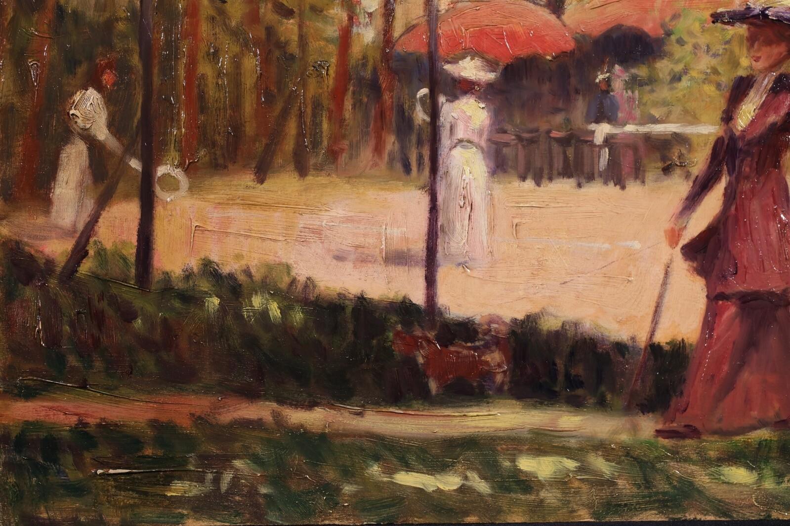 Tennis in the Park - Mid 20th Century Post Impressionist Figurative Oil Painting For Sale 3
