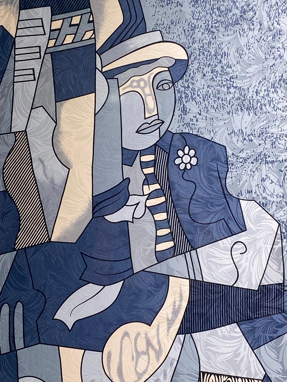 French Anne De Sevil Figurative Framed Silk Scarf in the Style of Pablo Picasso, France For Sale