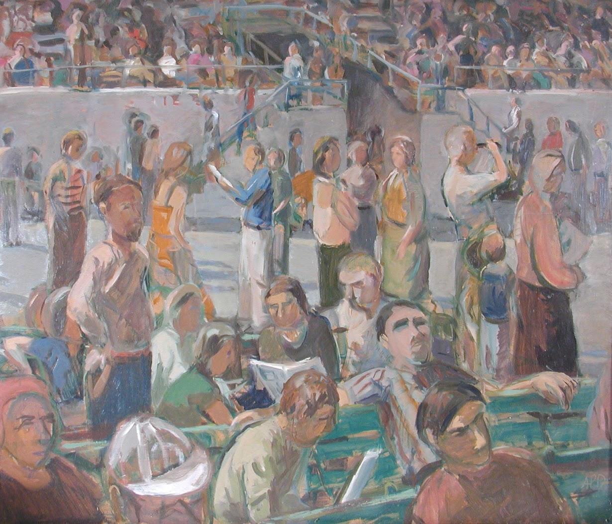 Anne Diggory Figurative Painting - Saratoga Springs Racetrack, Summer Grandstand Crowd, Horse Bettors