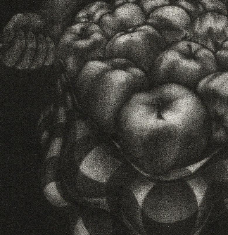Die Fruchtbarkeit (der getragene Obst lässt sich beim Tragen schwer vom Körper der Frau unterscheiden) (Schwarz), Figurative Print, von Anne Dykmans
