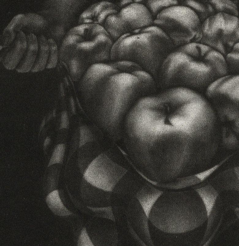 Fructidore (La fruta transportada es difícil de distinguir del cuerpo de la mujer) - Figurative Print Negro de Anne Dykmans