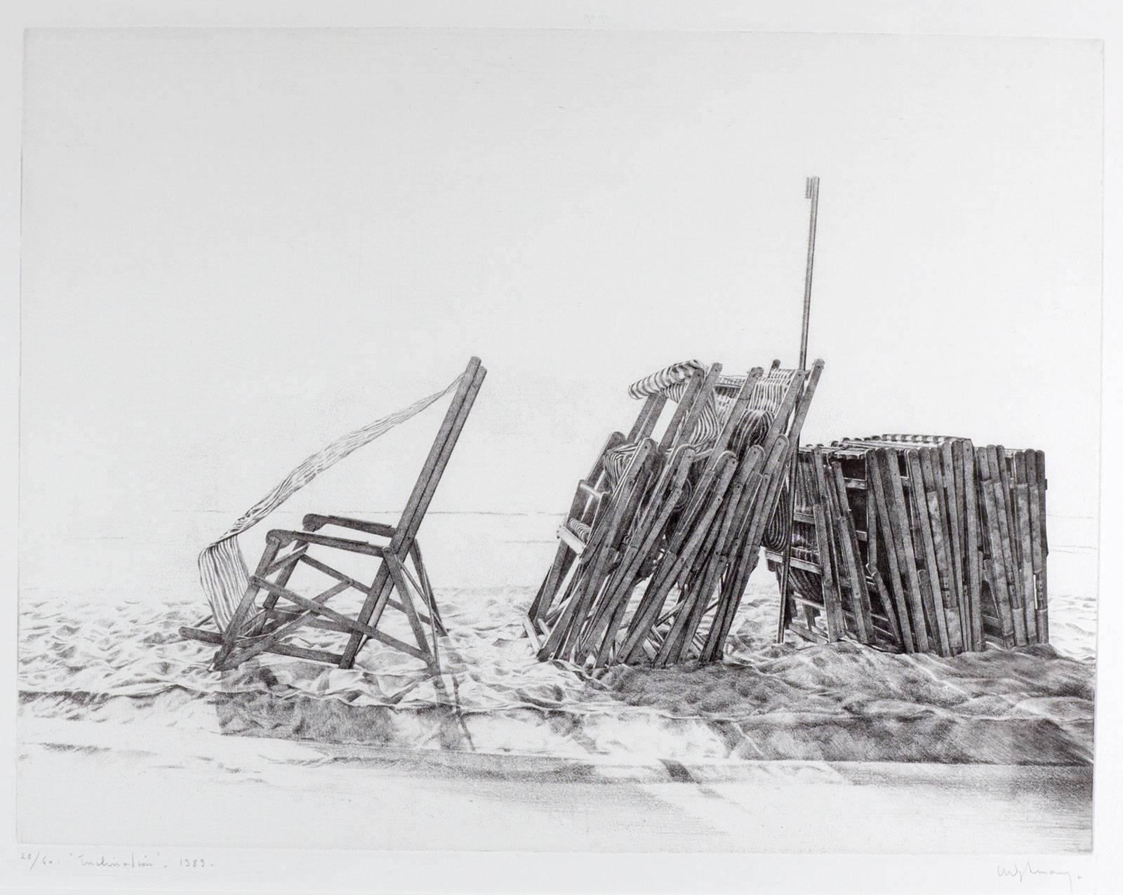 Anne Dykmans Still-Life Print - Inclination (Stacked beach chairs on a windy sunny day in Spain)