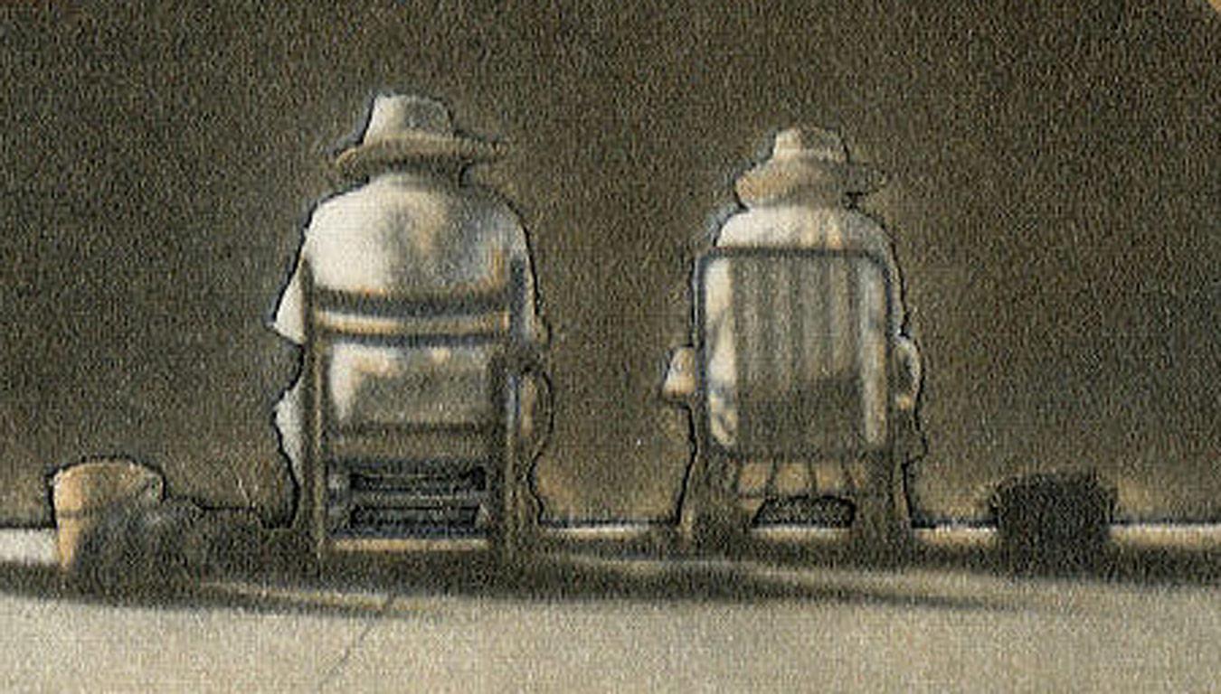 Magia (estas dos figuras sentadas en una playa bajo un cielo activo evocan emoción) - Print Contemporáneo de Anne Dykmans