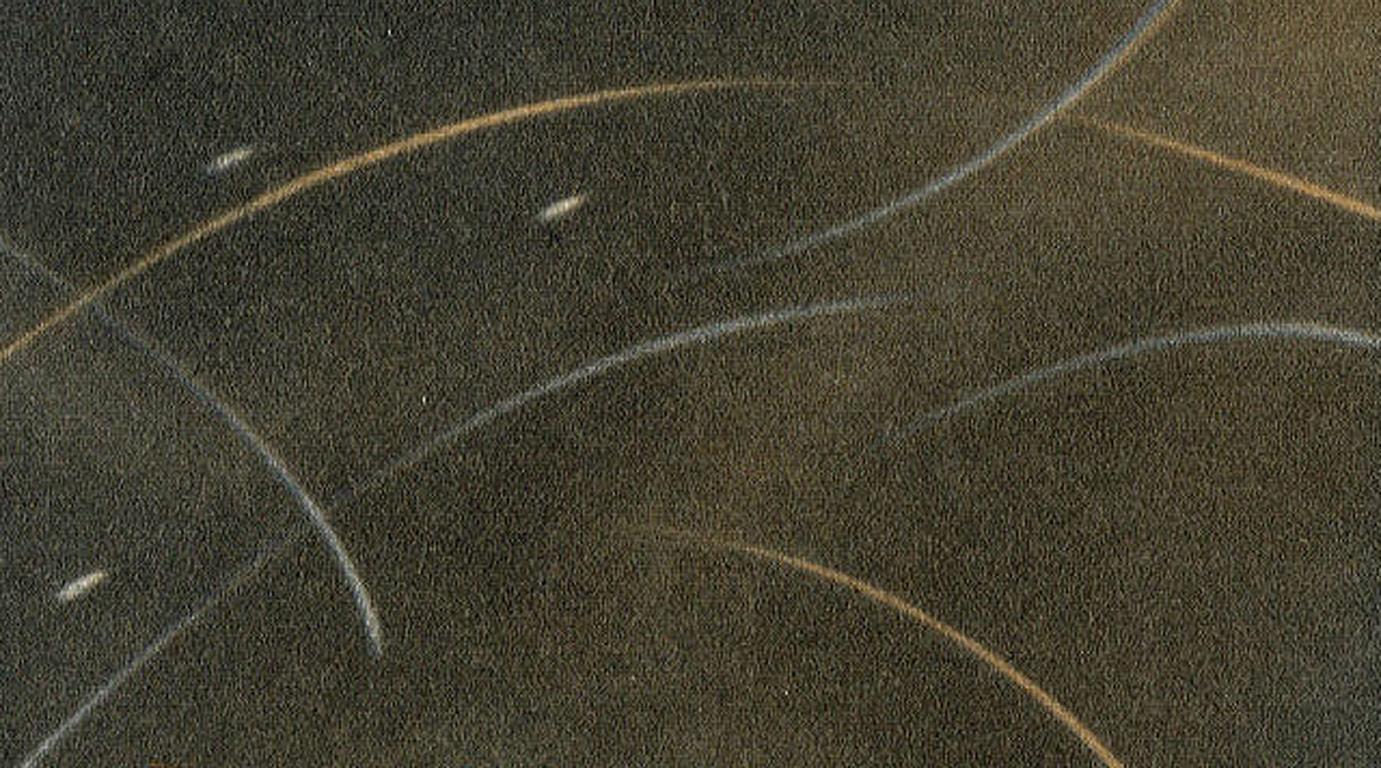 Magia (estas dos figuras sentadas en una playa bajo un cielo activo evocan emoción) - Landscape Print Negro de Anne Dykmans