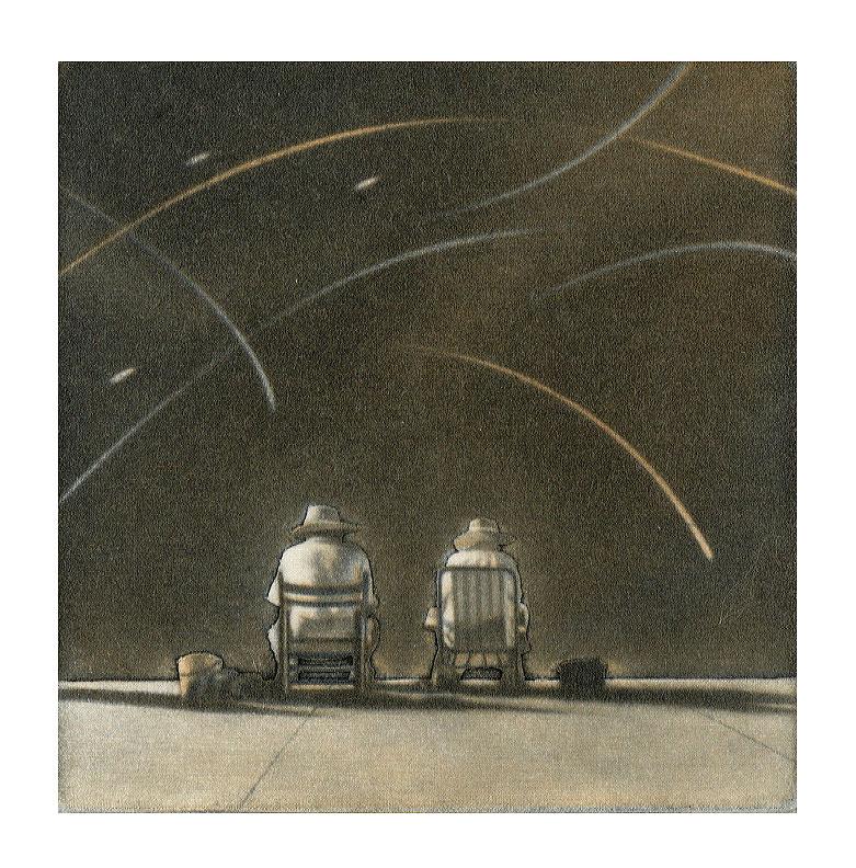 Anne Dykmans Landscape Print - Magic (these two figures seated on a beach beneath an active sky evoke emotion)