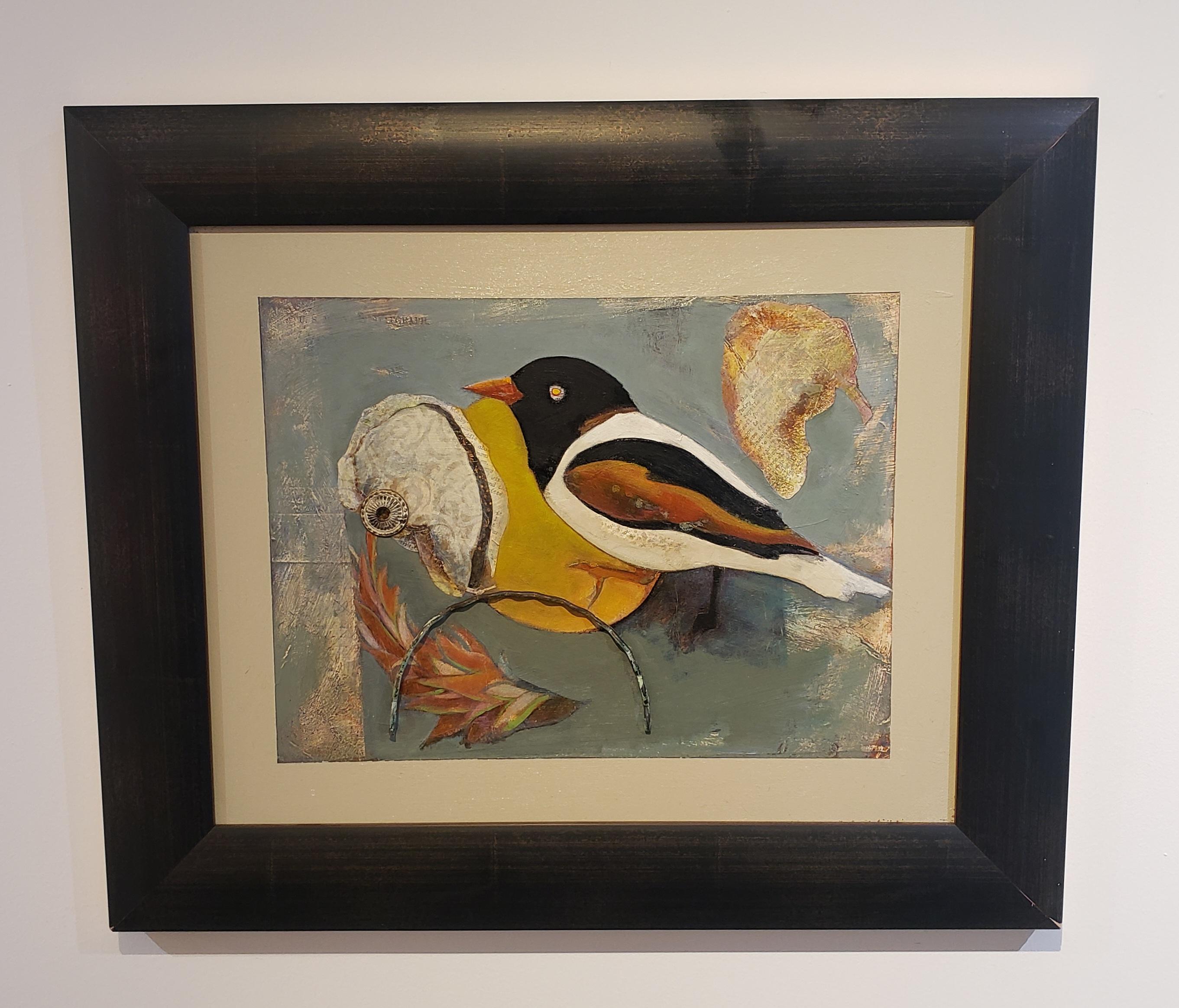 Perched, Bird Painting, Southwest, 25x21 Framed, Whimsical, Mixed Media, Oil - American Realist Mixed Media Art by Anne Embree