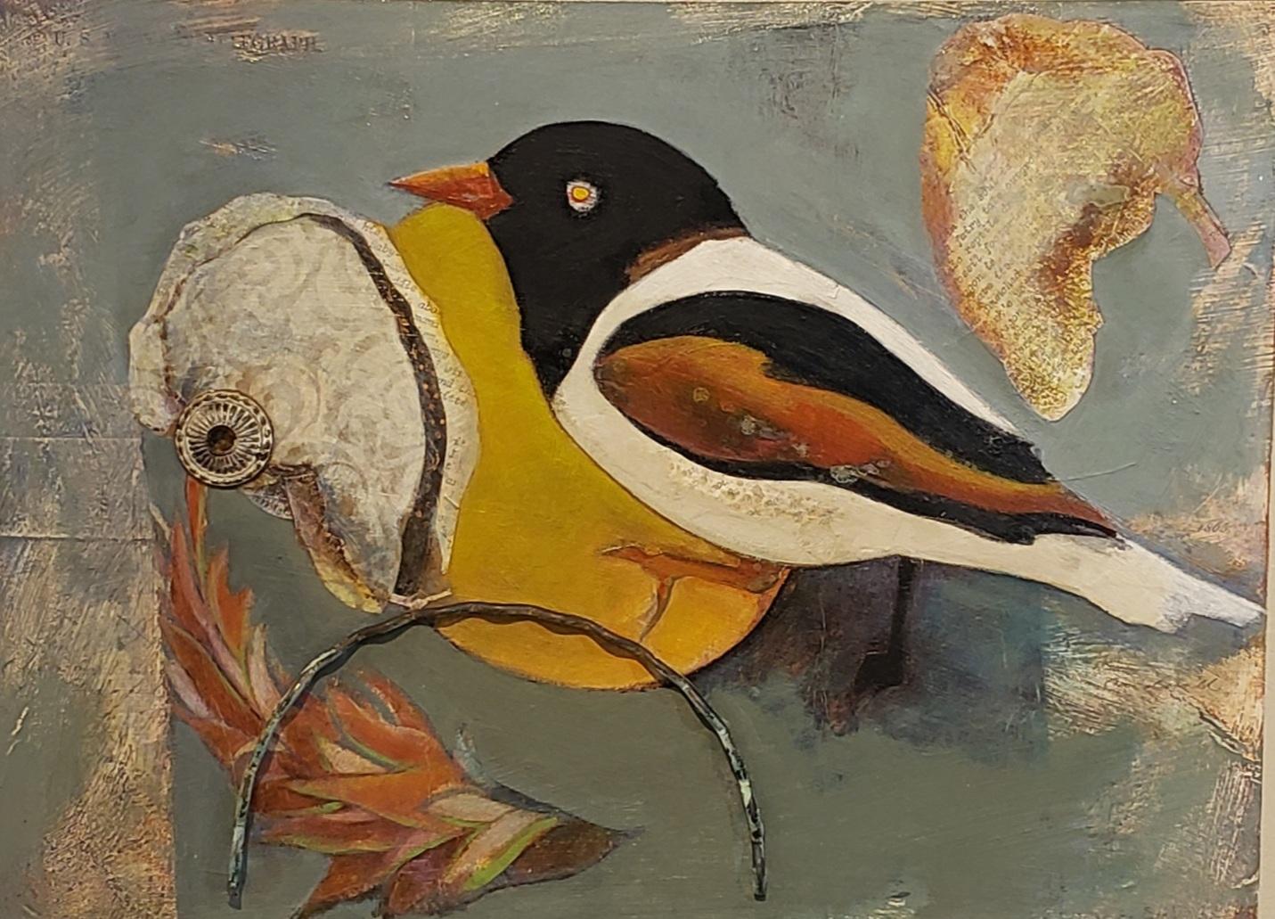 Peinture d'oiseau perché, Peinture d'oiseau, Sud-Ouest, 25x21 Encadrée, fantaisiste, Techniques mixtes, Huile en vente 3