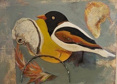 Peinture d'oiseau perché, Peinture d'oiseau, Sud-Ouest, 25x21 Encadrée, fantaisiste, Techniques mixtes, Huile