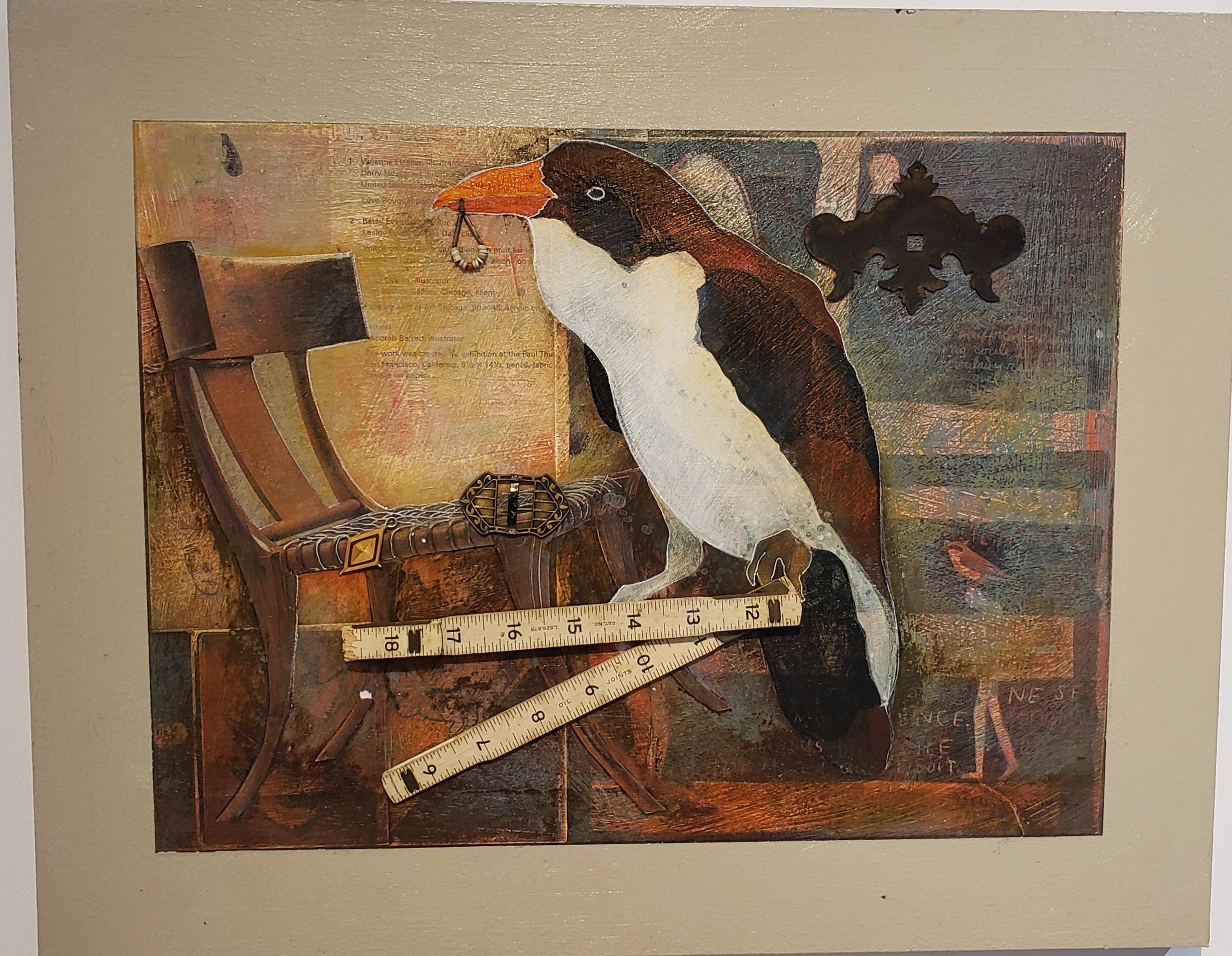 The Collector, Mixed Media, Bird Painting, Southwest, 25x21 Framed, Whimsical  - Brown Animal Painting by Anne Embree