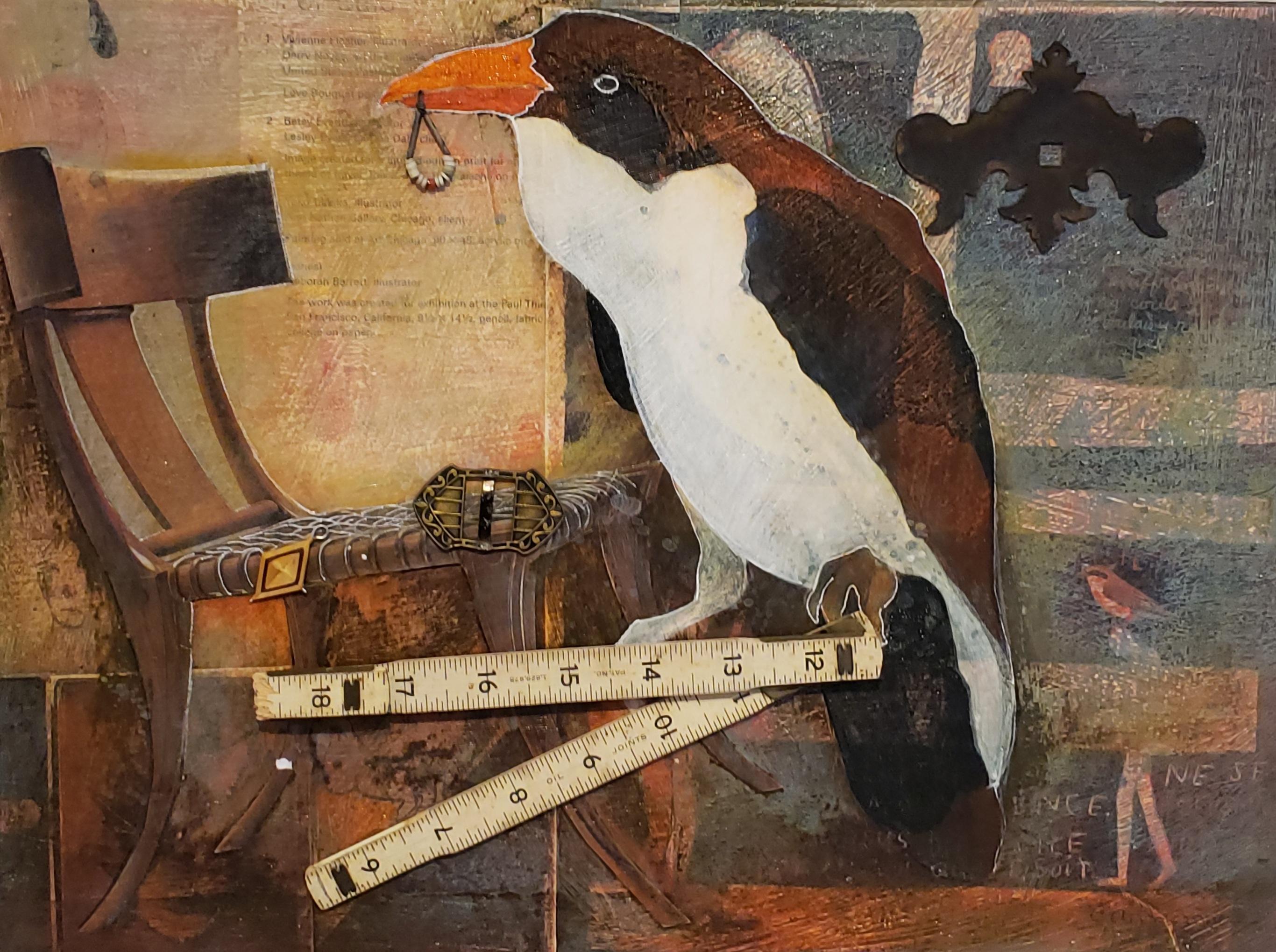 Anne Embree Animal Painting - The Collector, Mixed Media, Bird Painting, Southwest, 25x21 Framed, Whimsical 