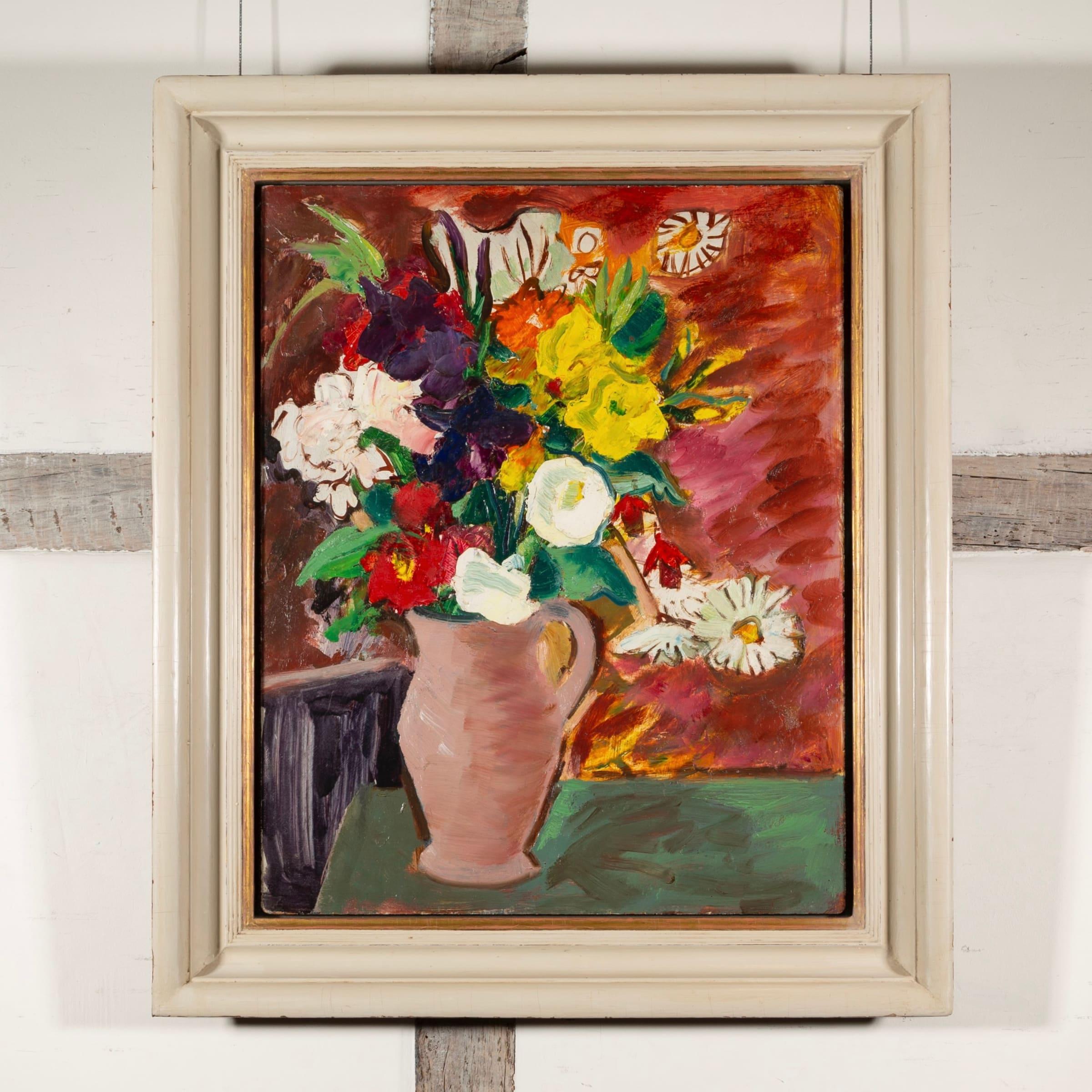 Pièce de fleurs, peinture à l'huile sur carton d'Anne Estelle Rice en vente 1