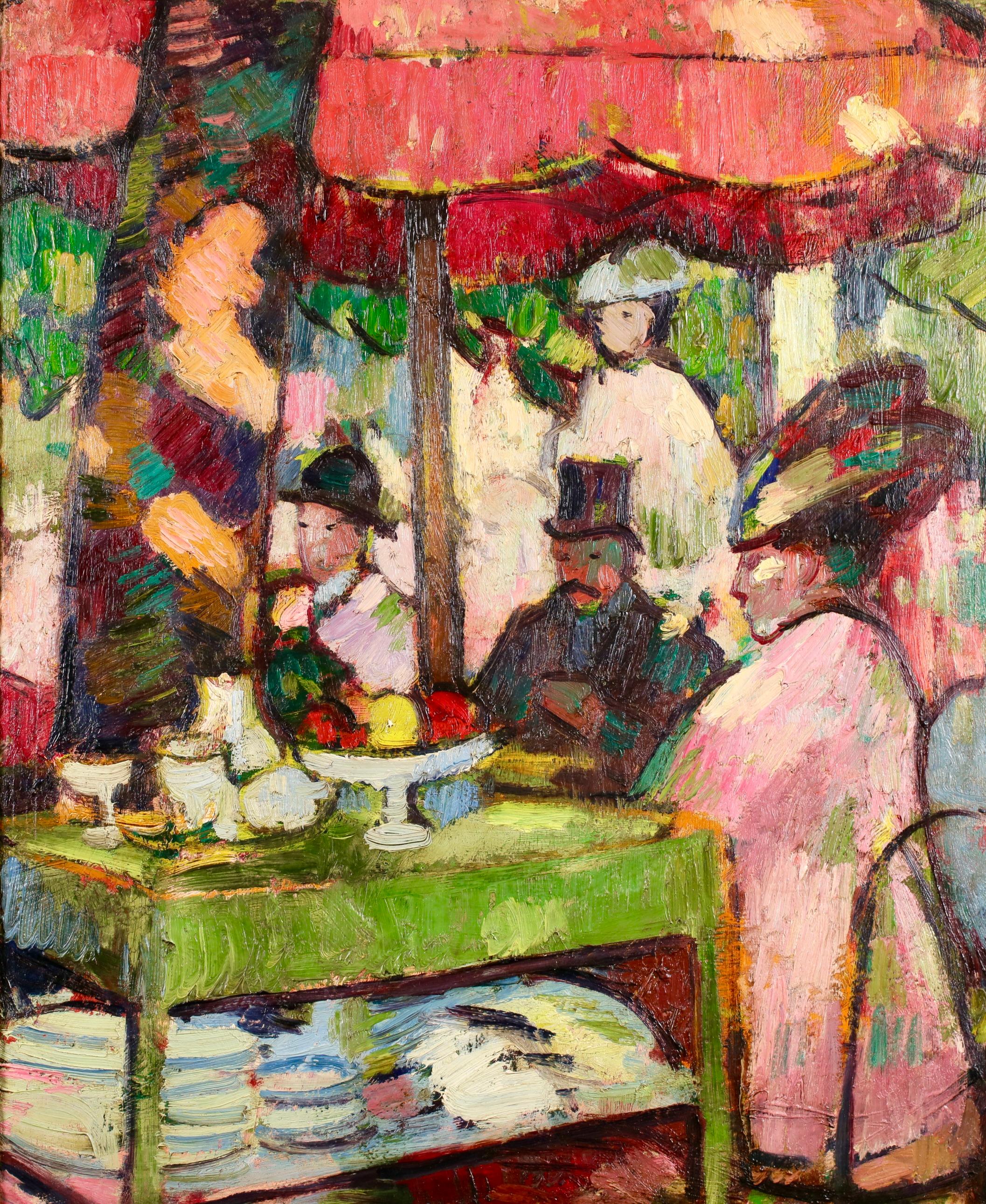 Tea at Chateau de Madrid - Modernist Figurative Oil by Anne Estelle Rice For Sale 1