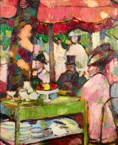 Tea at Chateau de Madrid - Modernist Figurative Oil by Anne Estelle Rice