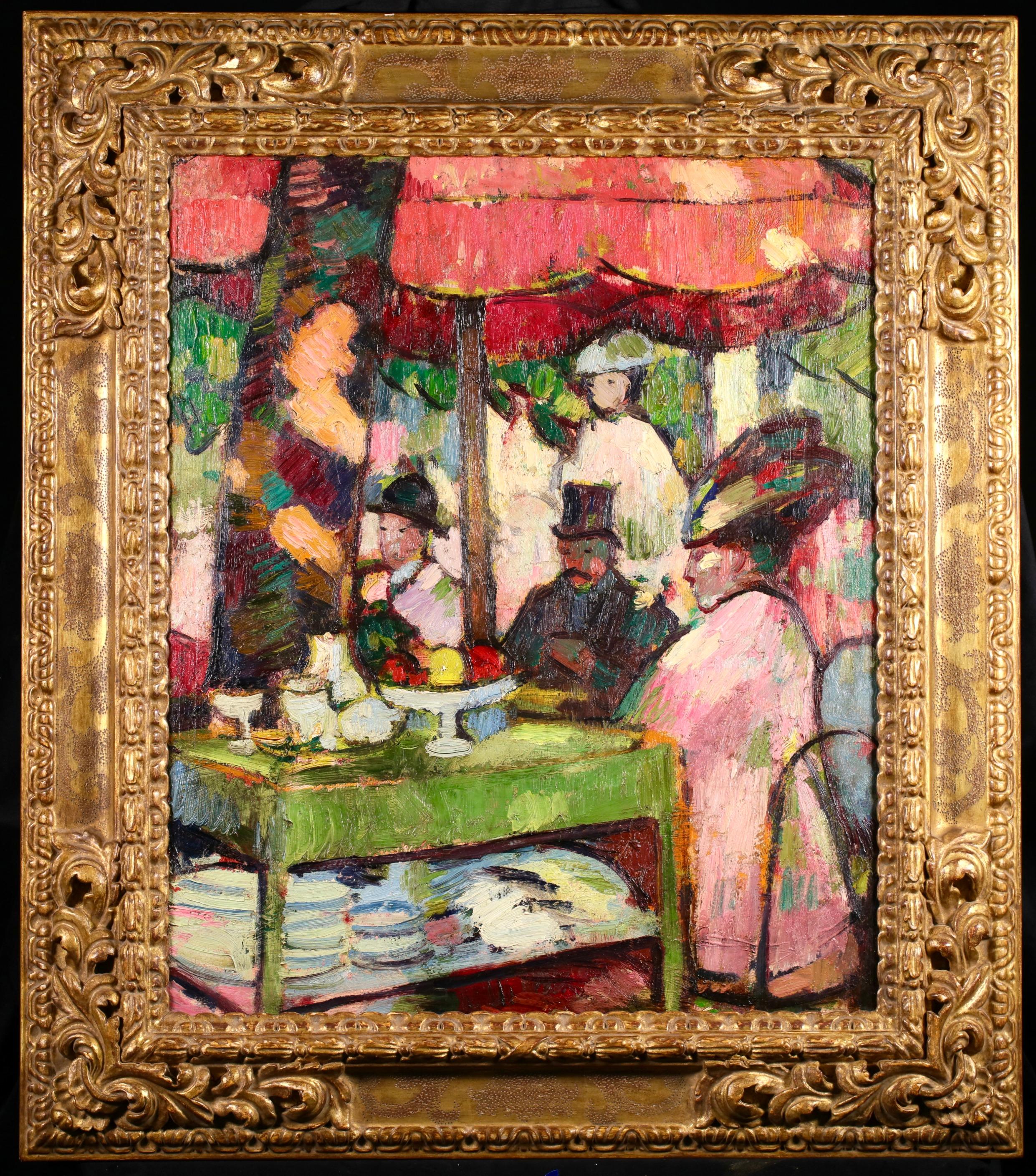 Signed and titled oil on panel figures in landscape by American painter Anne Estelle Rice. This beautiful and colourful piece depicts groups of elegantly dressed people enjoying tea at the Chateau de Madrid on a bright and sunny summer's day. The