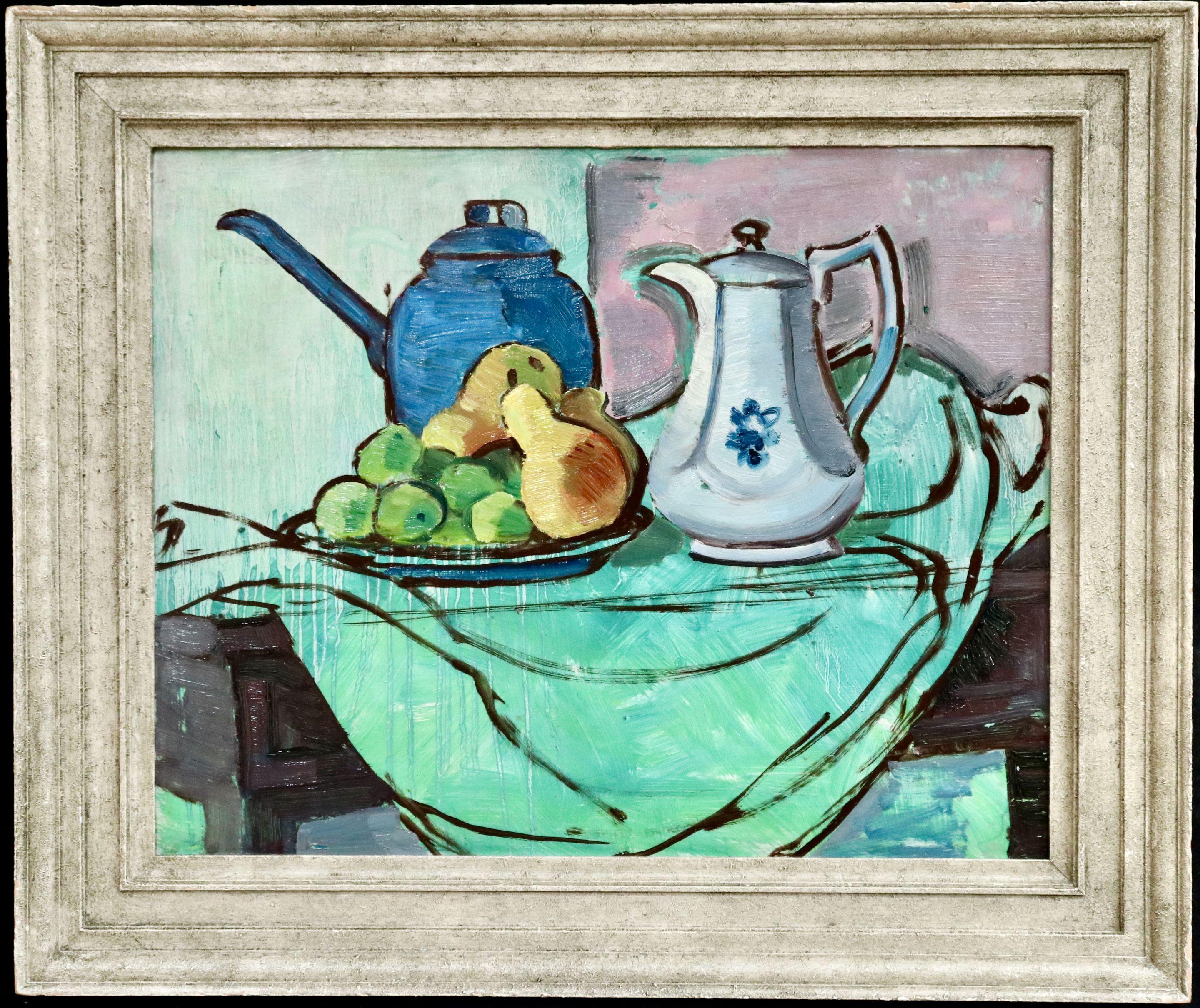 The Green Tablecloth - 20th Century Oil, Still Life of Fruit & Jugs by A E Rice - Painting by Anne Estelle Rice
