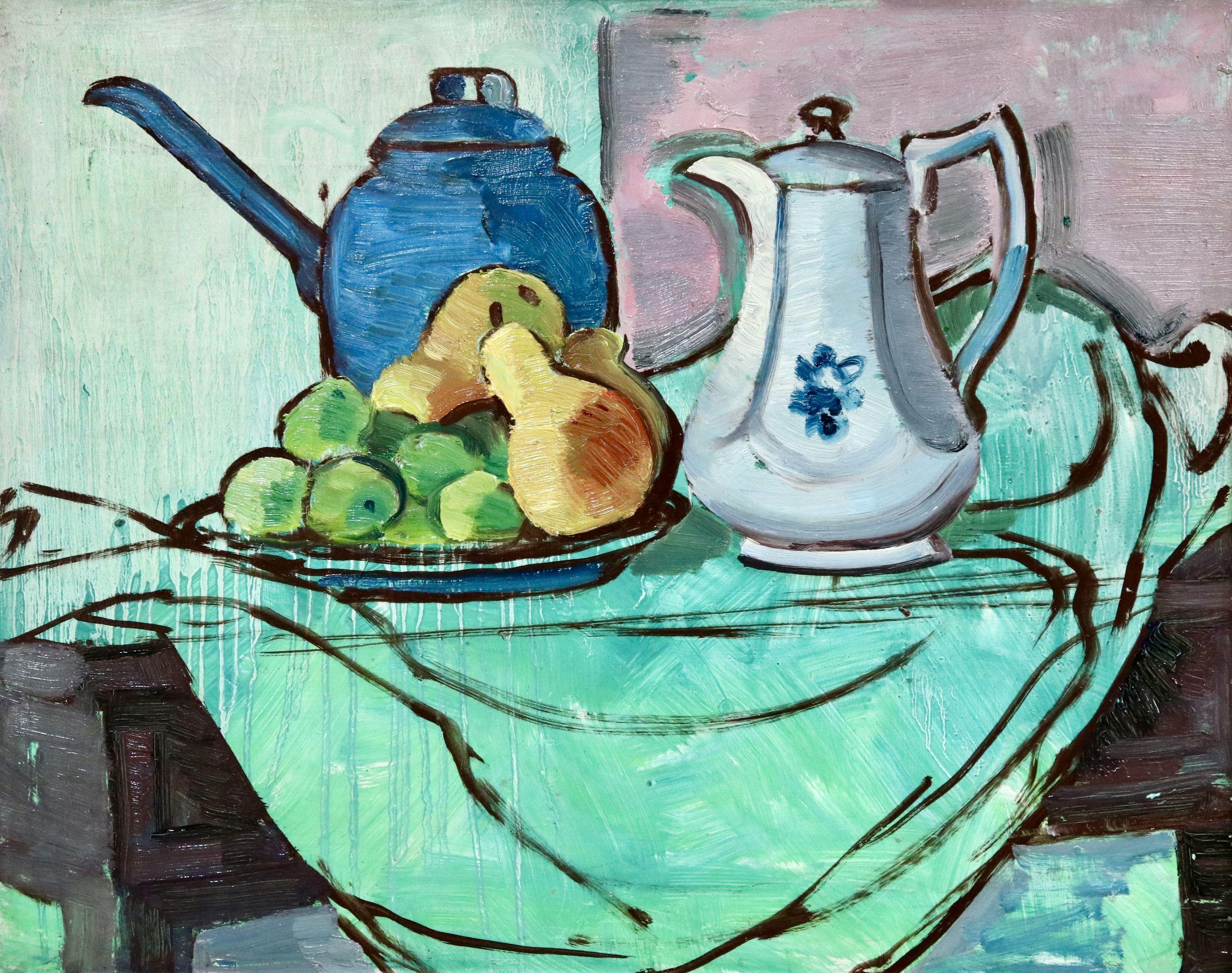 Anne Estelle Rice Still-Life Painting - The Green Tablecloth - 20th Century Oil, Still Life of Fruit & Jugs by A E Rice
