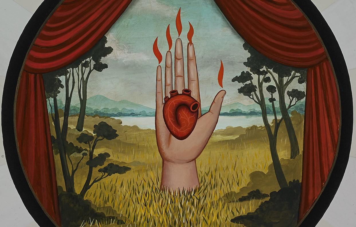 Der Orden des Herzens in der Hand ist ein Gemälde in Mischtechnik (Acryl und Goldemail auf handgealterter Leinwand) mit einer Größe von 48 x 48 Zoll, signiert 