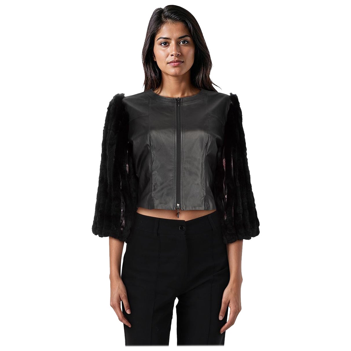 Anne Fontaine Black Leather 
Rabbit Fur Jacket Size XS For Sale
