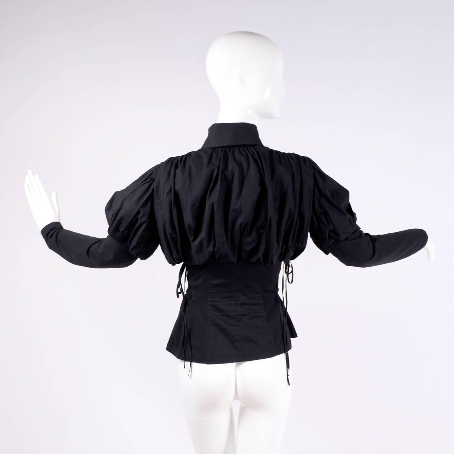 Anne Fontaine Blouse in Black Cotton Gothic Victorian Style w/ Laces up Sides 40 2