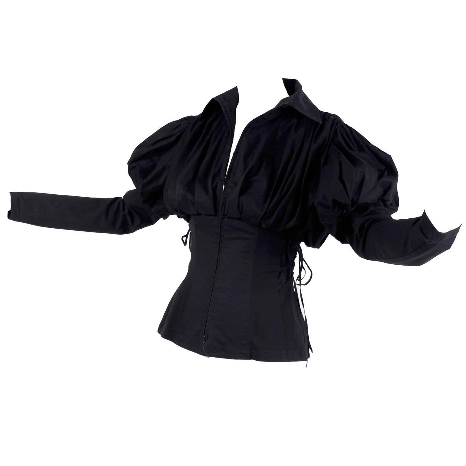 Anne Fontaine Blouse in Black Cotton Gothic Victorian Style w/ Laces up  Sides 40 at 1stDibs