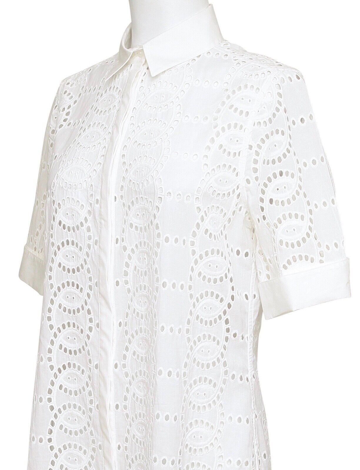 Women's ANNE FONTAINE Shirt Dress White Short Sleeve Button Down Eyelet Collar Cotton 40 For Sale