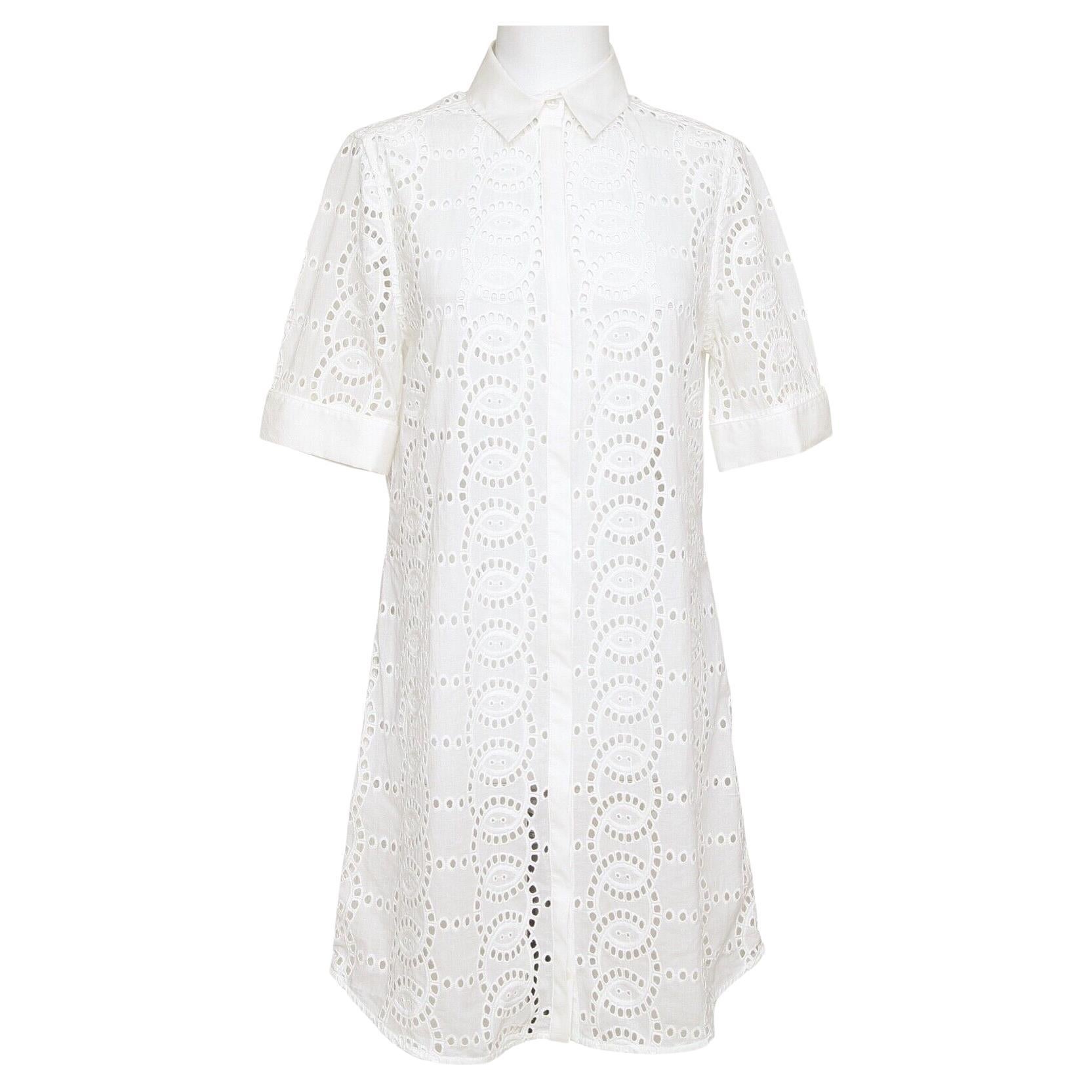 ANNE FONTAINE Shirt Dress White Short Sleeve Button Down Eyelet Collar Cotton 40 For Sale