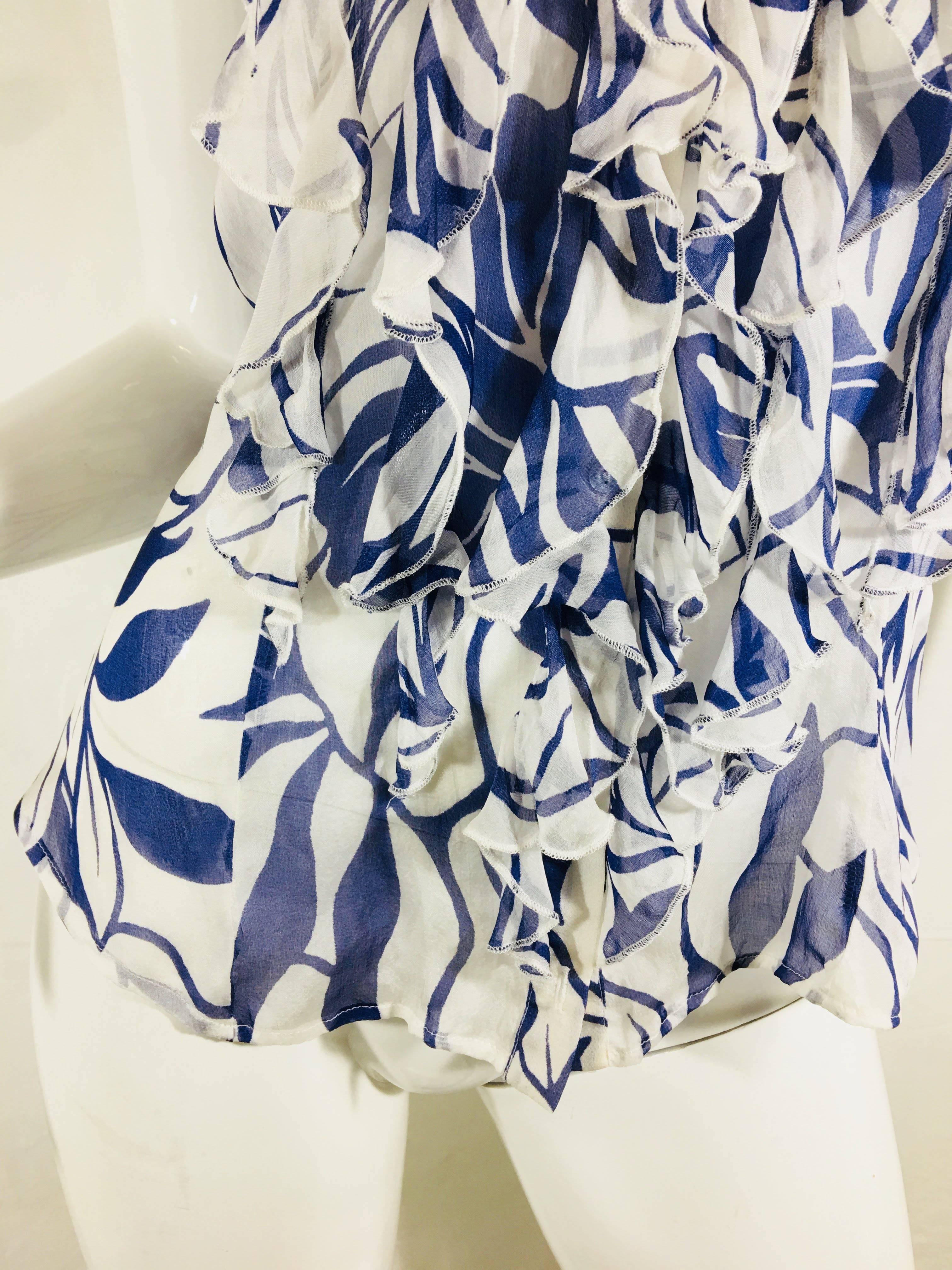 Anne Fontaine Sleeveless Sheer Blouse with Ruffle Detail, Blue and White Printed Silk.