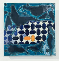 Birds & Geometry, No. 1: Abstract Ceramic Work on Panel, Black Birds & Blue Tile