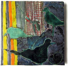 Vogels & Geometrie Nr. 2 (Abstrakte Keramikfliesenmalerei von Vögeln in Blau und Grün)