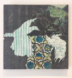 Configurations #2 (Abstract Ceramic Tile Painting in Teal, Green and Black)