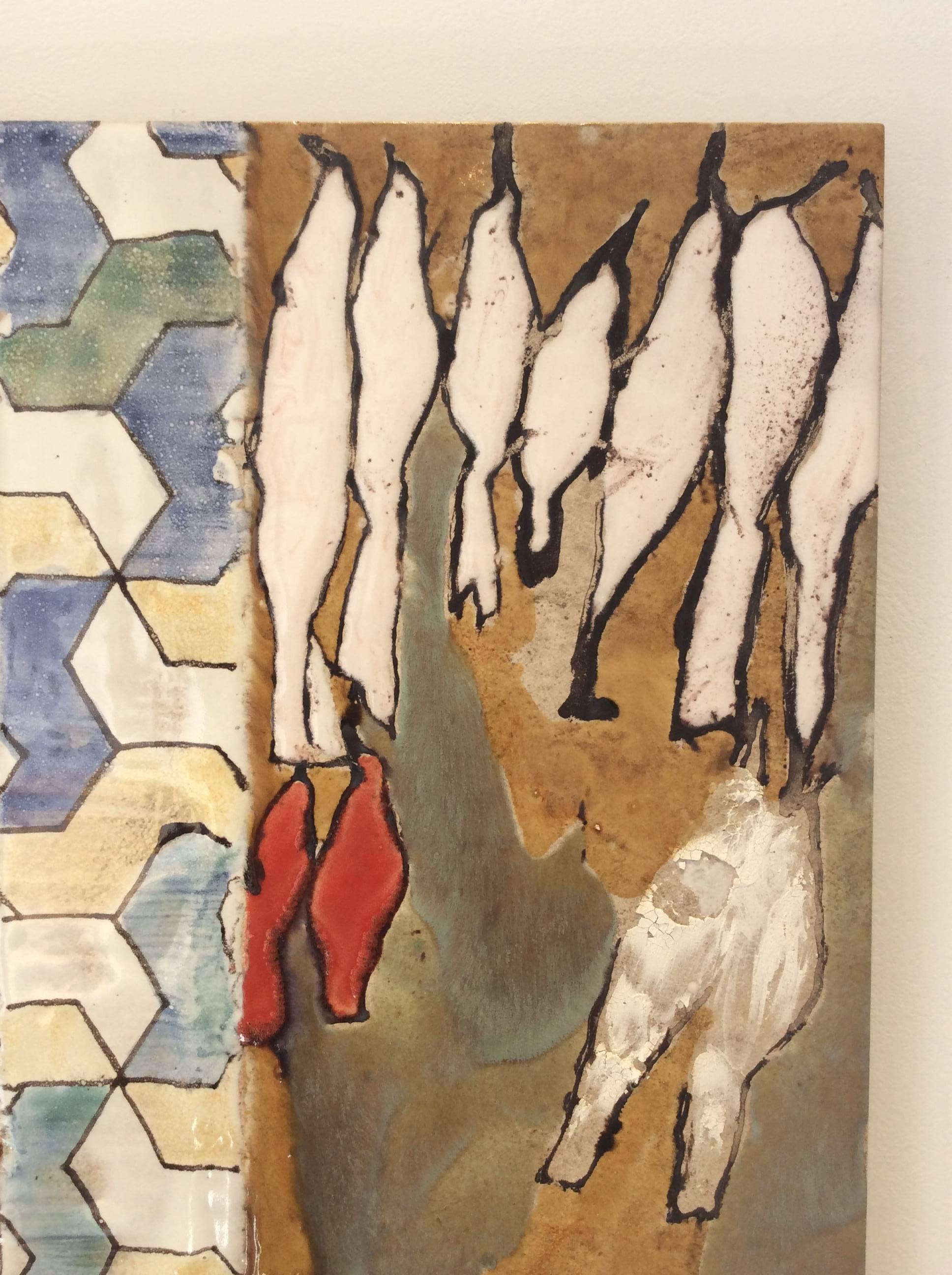 Abstrakte Keramikfliesenmalerei mit weißen Vögeln auf hellbraunem Grund (Konfigurationen #3) im Angebot 1