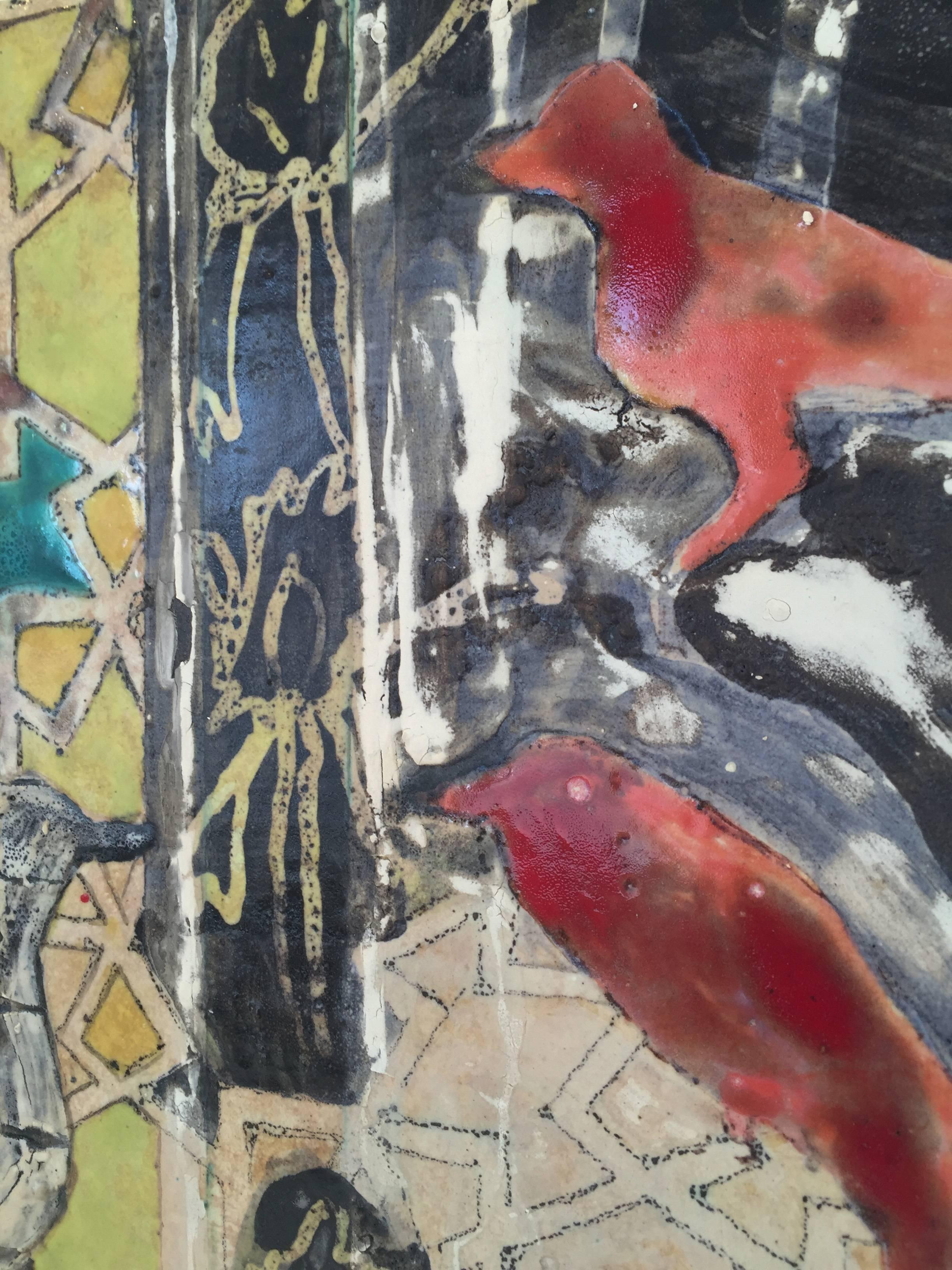 Configurations n° 1 (peinture abstraite en céramique sur carreaux avec motif d'oiseaux et de mosaïque) - Abstrait Sculpture par Anne Francey